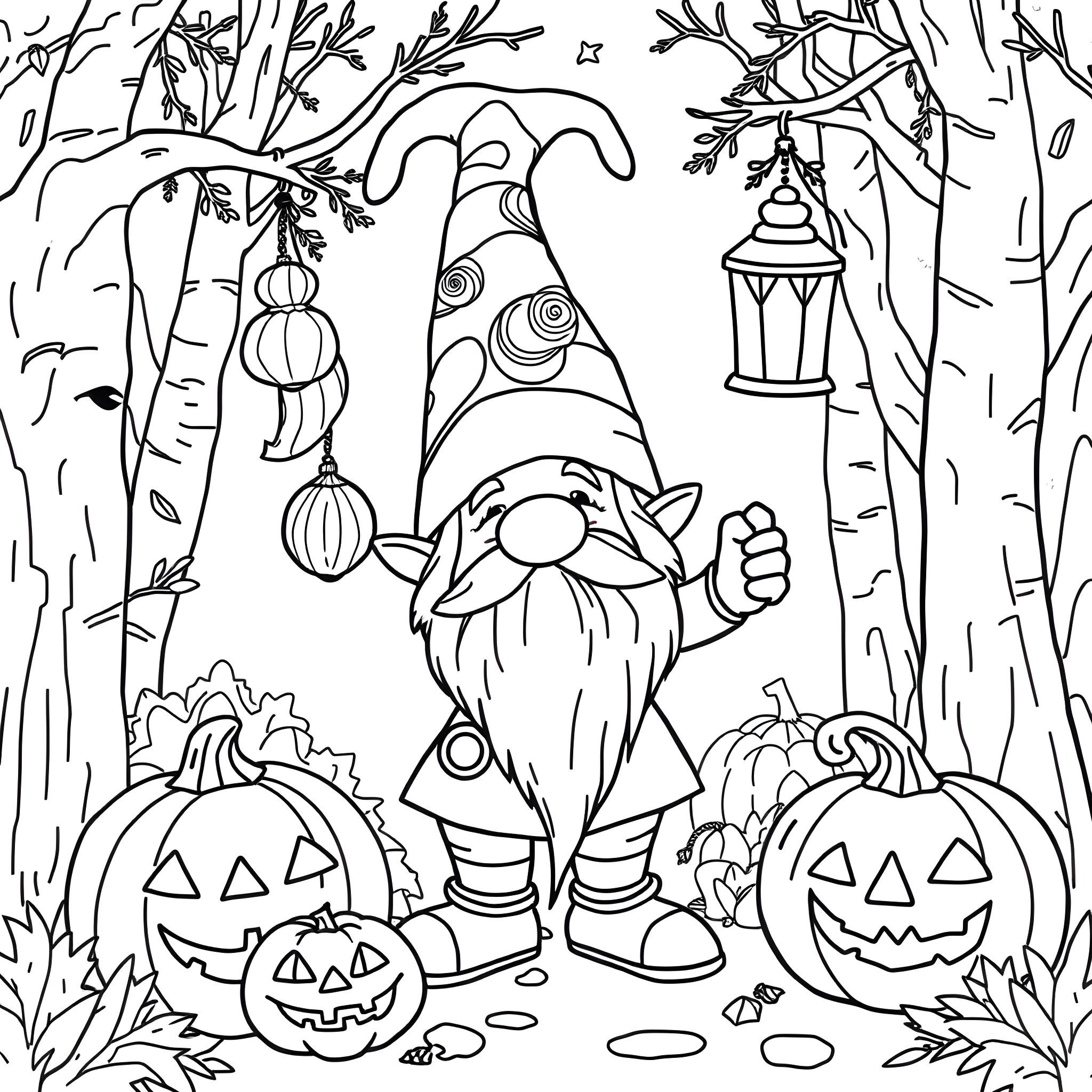 Gnome wandering in the enchanted forest Coloring Page (free black-and-white line drawing printable PDF for all, from beginners to advanced learners, including children, teens, adults, and seniors)