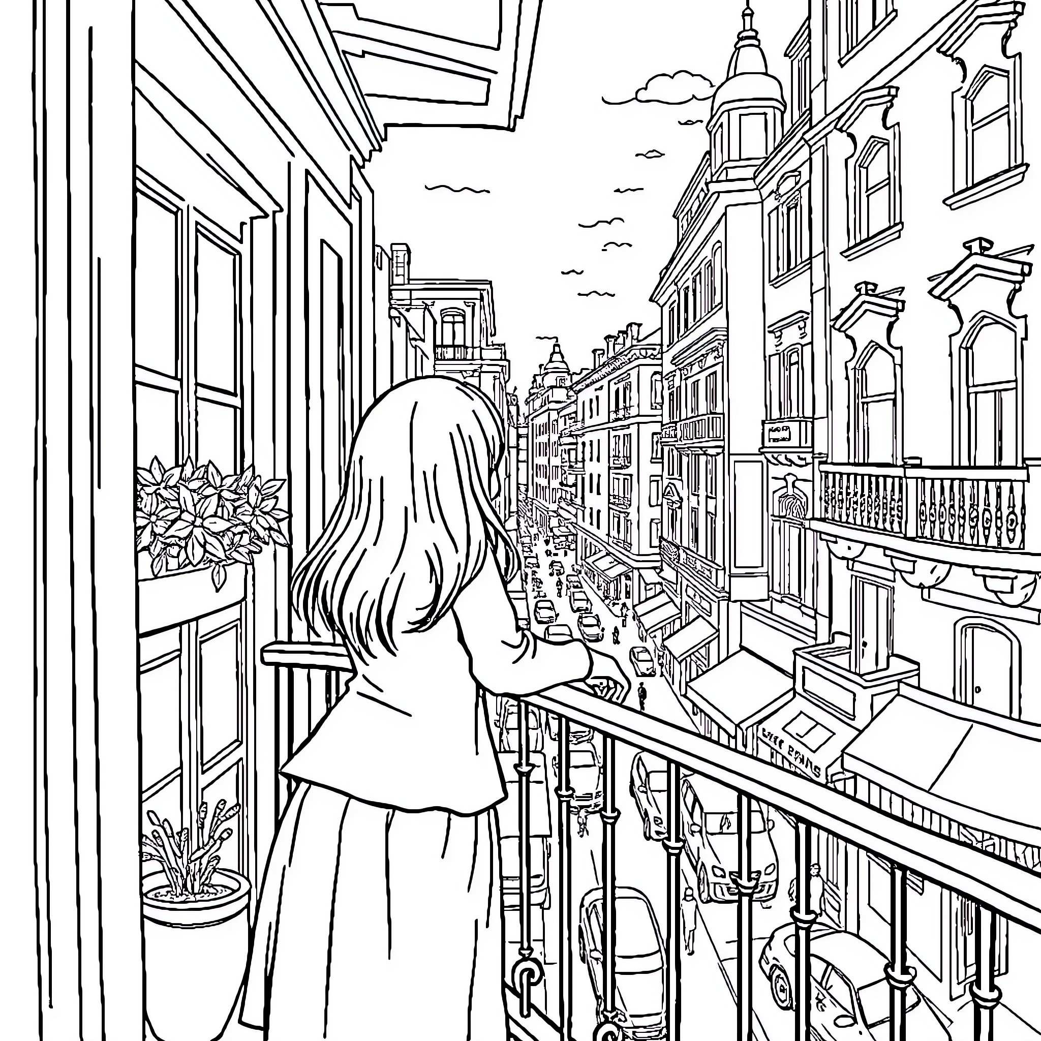 Girl Looking Out Over the City Coloring Page (free black-and-white line drawing printable PDF for all, from beginners to advanced learners, including children, teens, adults, and seniors)