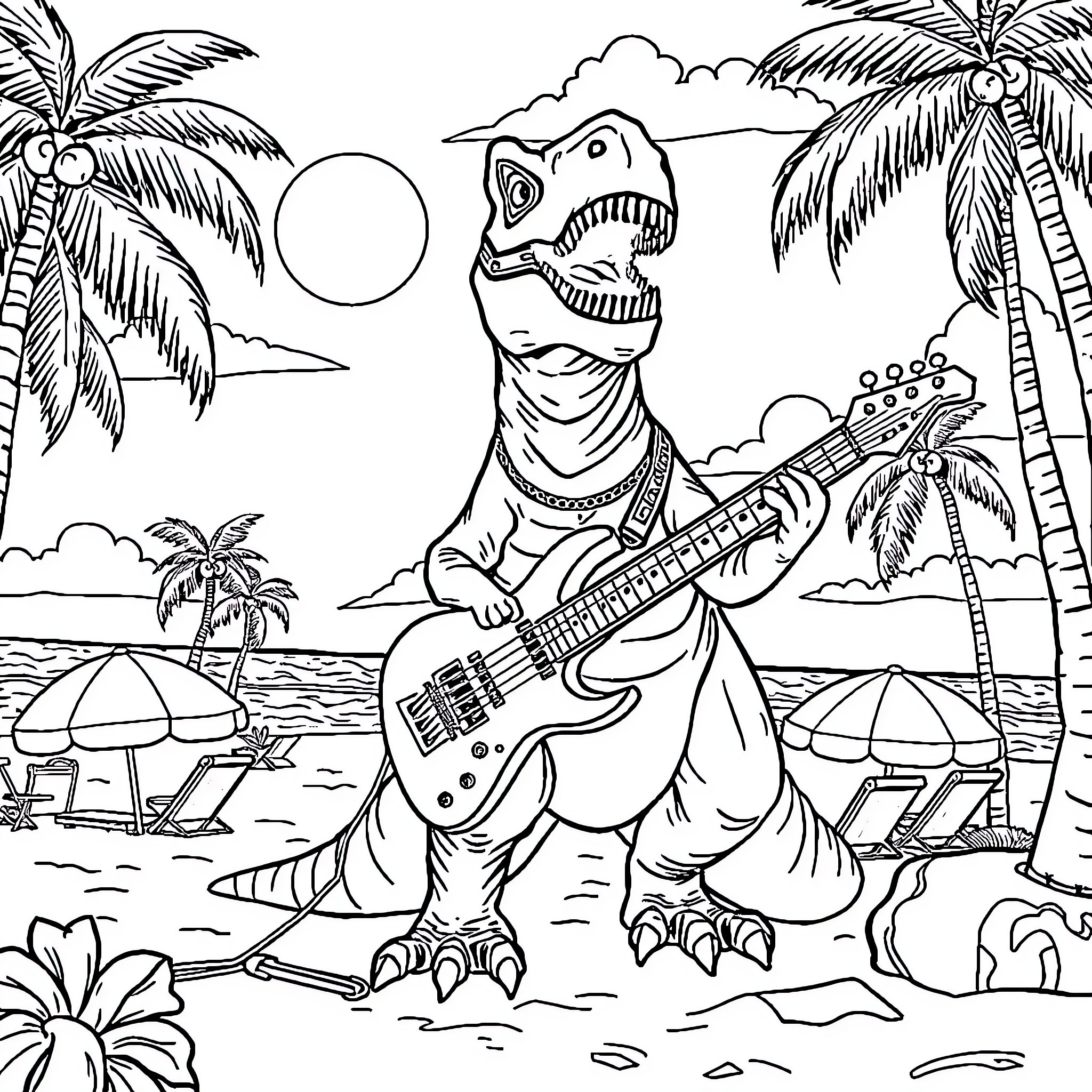 Dinosaur playing guitar on tropical beach Coloring Page (free black-and-white line drawing printable PDF for all, from beginners to advanced learners, including children, teens, adults, and seniors)