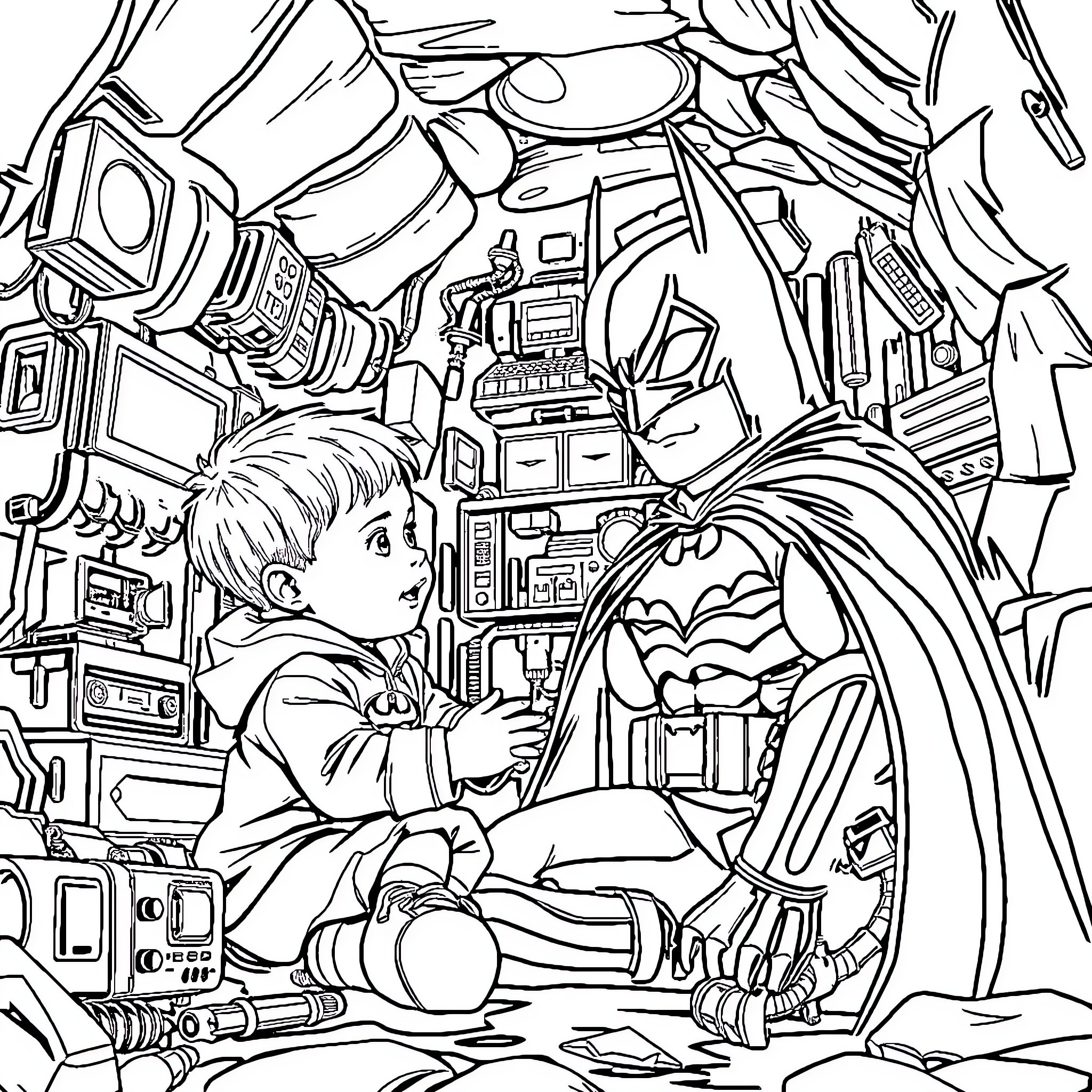Toddler exploring futuristic alien spaceship Coloring Page (free black-and-white line drawing printable PDF for all, from beginners to advanced learners, including children, teens, adults, and seniors)
