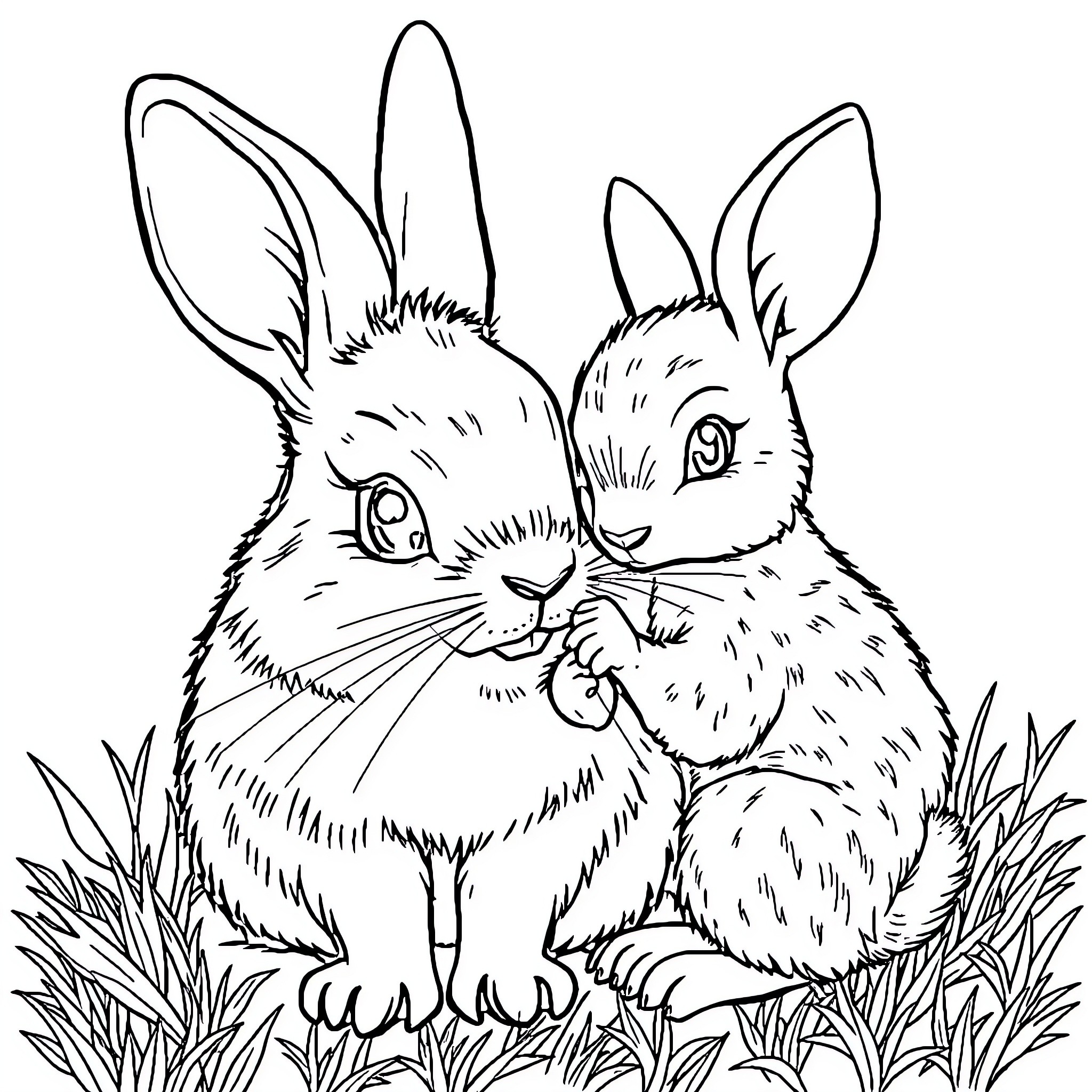 Rabbit pair resting in the grass Coloring Page (free black-and-white line drawing printable PDF for all, from beginners to advanced learners, including children, teens, adults, and seniors)