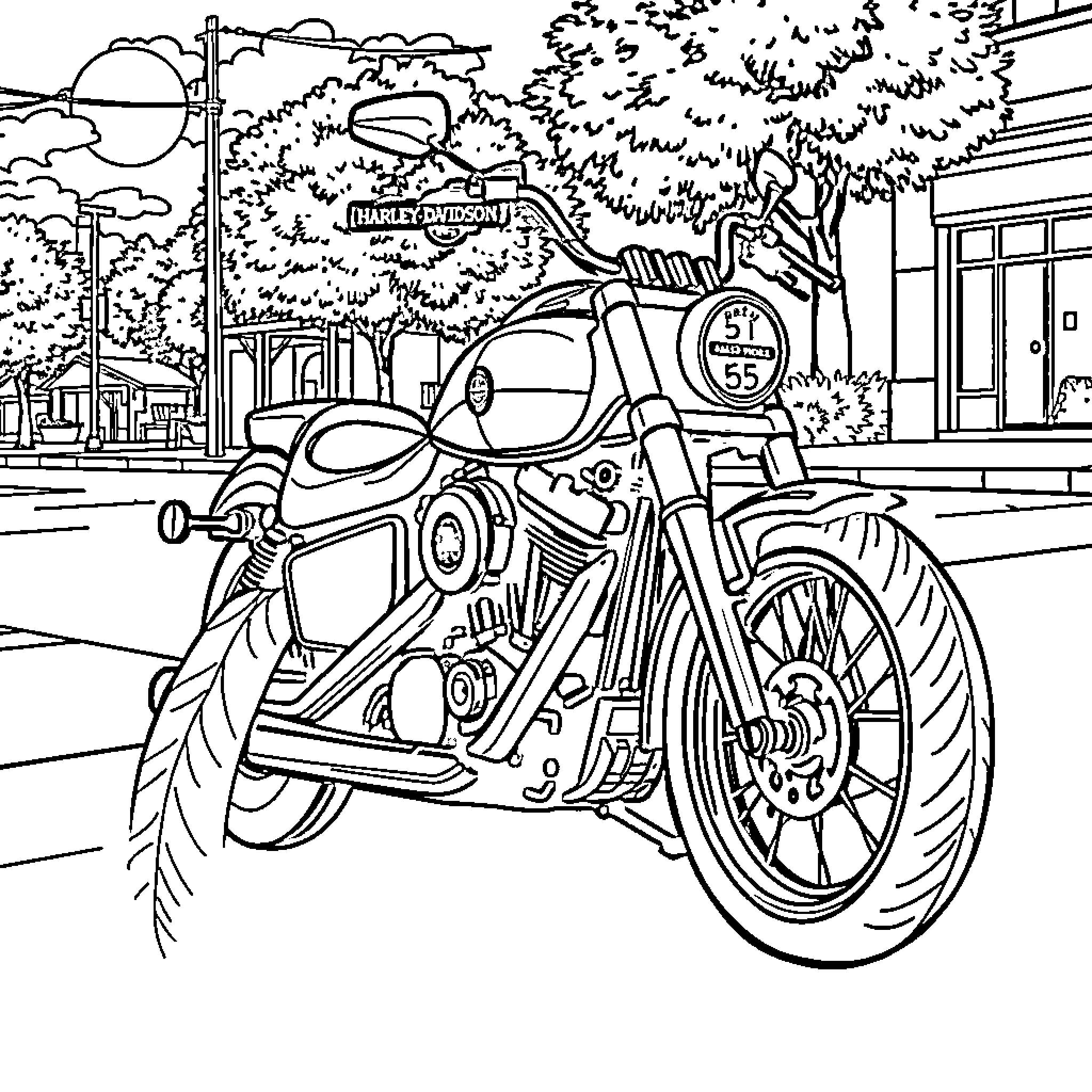 Motorcycle on the city street Coloring Page (free black-and-white line drawing printable PDF for all, from beginners to advanced learners, including children, teens, adults, and seniors)