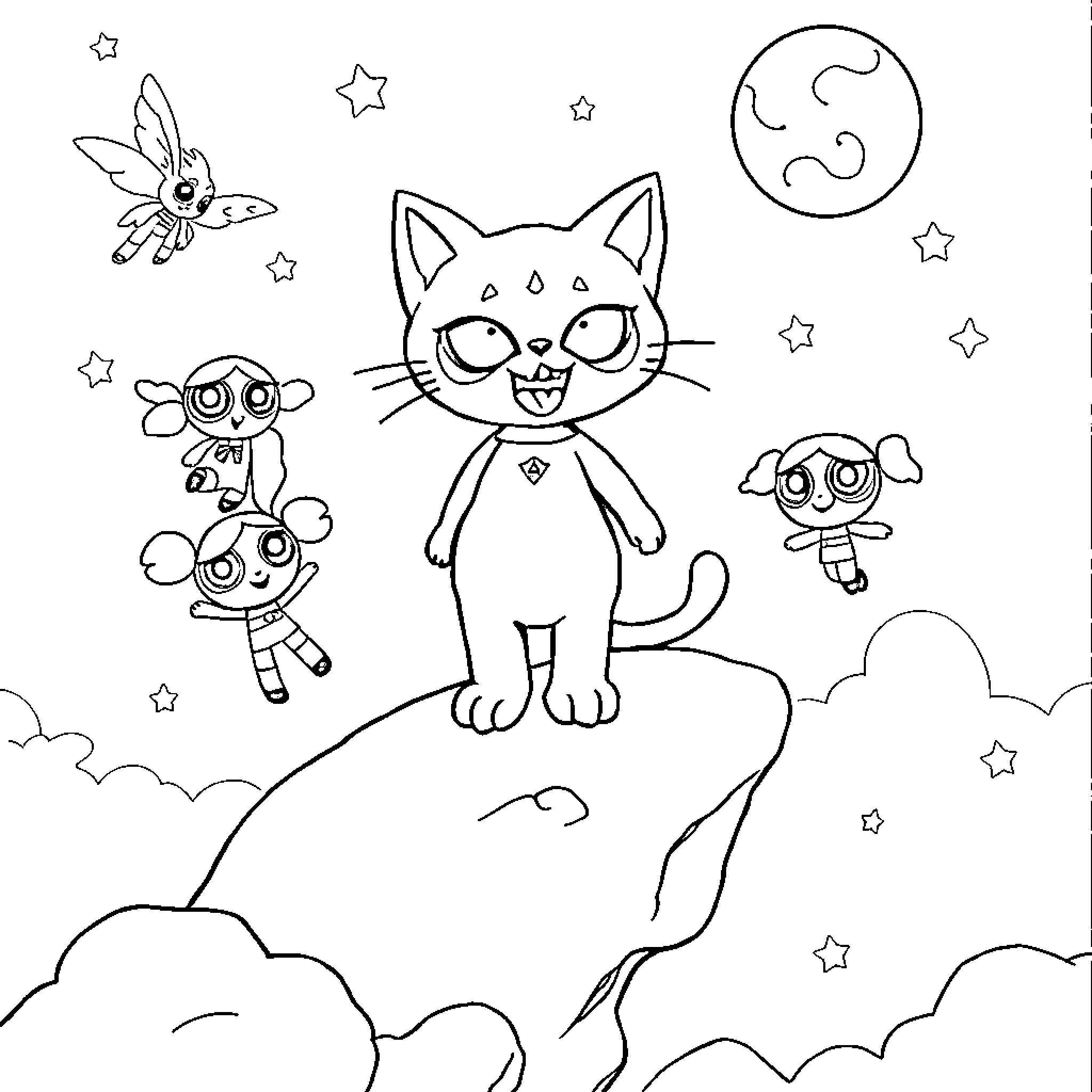 Hello Kitty's Starry Night Adventure Coloring Page (free black-and-white line drawing printable PDF for all, from beginners to advanced learners, including children, teens, adults, and seniors)