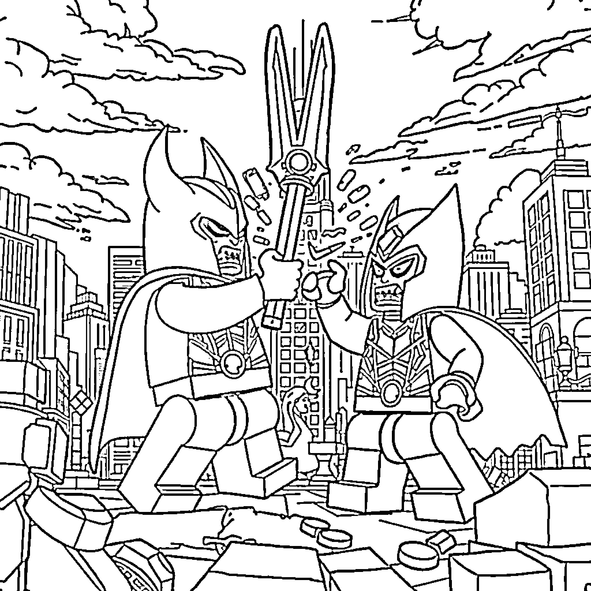 Villain Robots Battling in Futuristic City Skyline Coloring Page (free black-and-white line drawing printable PDF for all, from beginners to advanced learners, including children, teens, adults, and seniors)