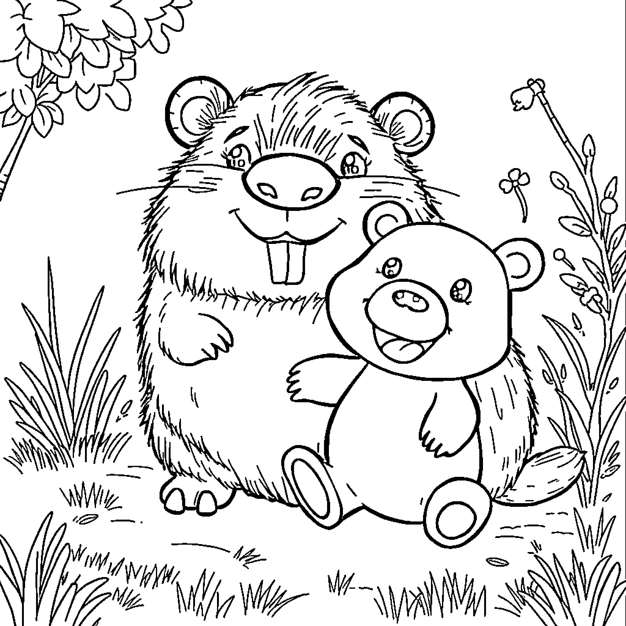 Capybara and its Stuffed Animal Companion Coloring Page (free black-and-white line drawing printable PDF for all, from beginners to advanced learners, including children, teens, adults, and seniors)