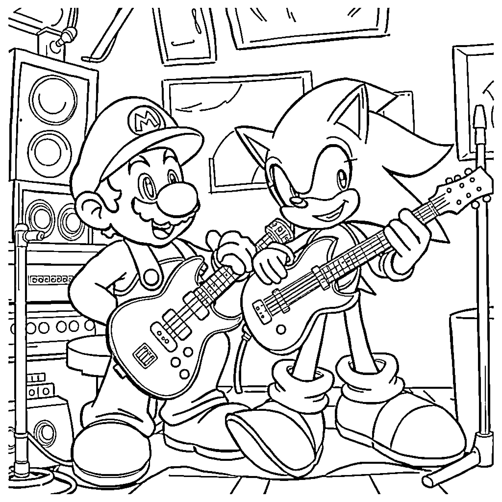 Mario and Sonic jamming out with musical instruments Coloring Page (free black-and-white line drawing printable PDF for all, from beginners to advanced learners, including children, teens, adults, and seniors)