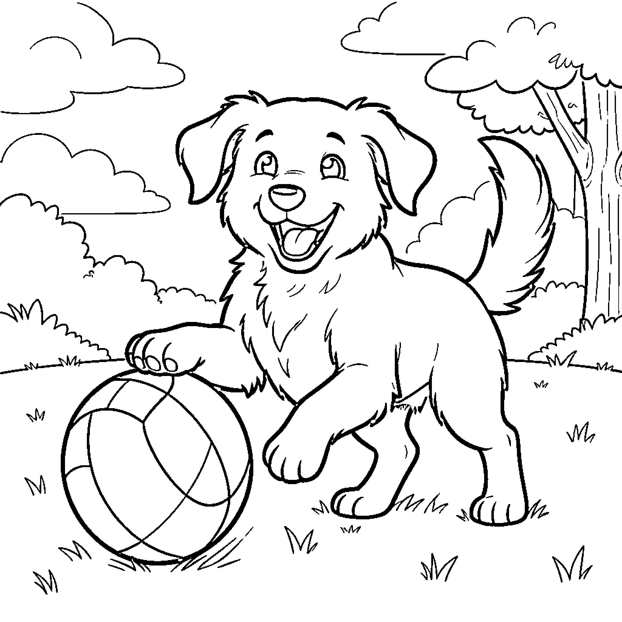 Dog playing joyfully with a ball in a field Coloring Page (free black-and-white line drawing printable PDF for all, from beginners to advanced learners, including children, teens, adults, and seniors)
