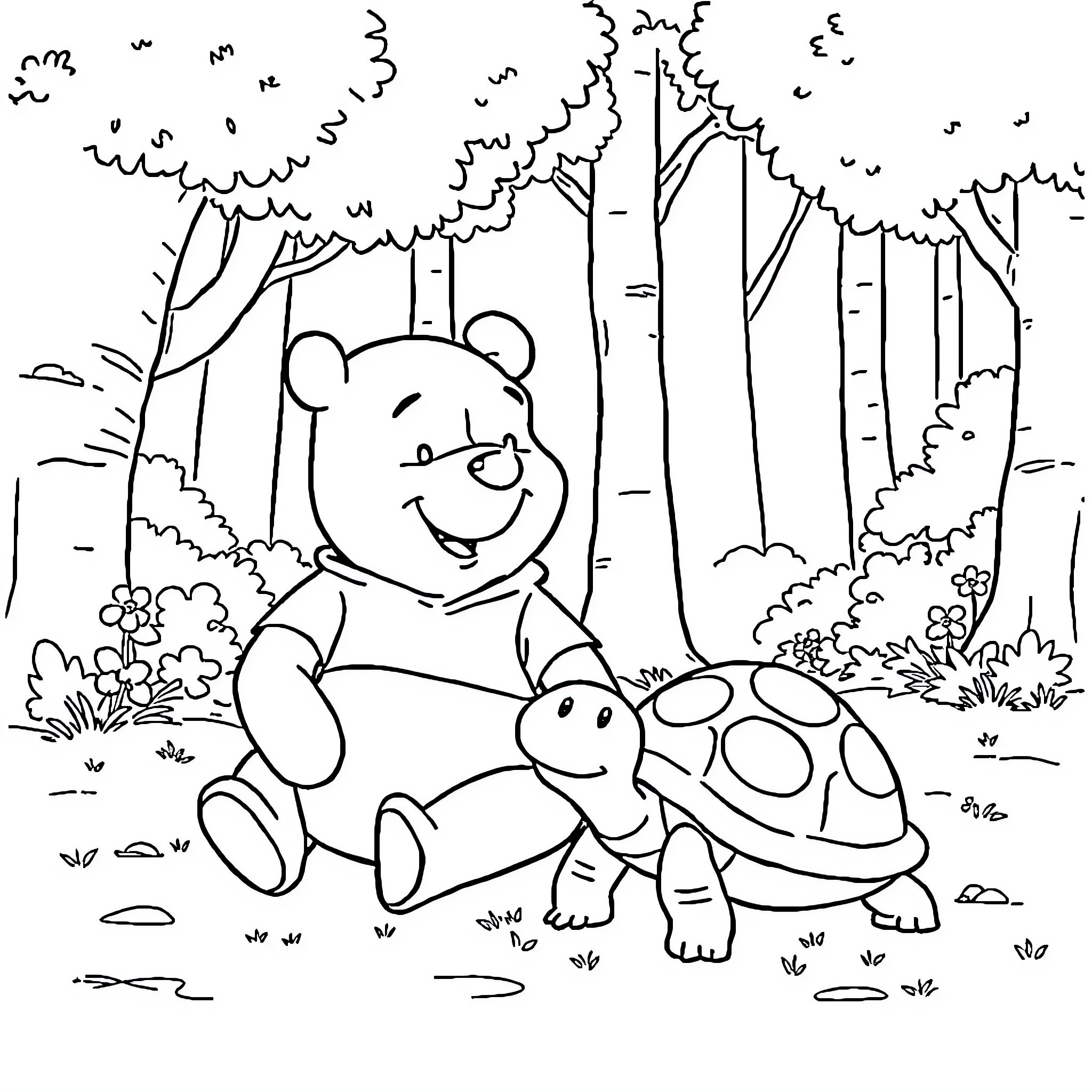 Winnie The Pooh enjoying nature with a turtle friend Coloring Page (free black-and-white line drawing printable PDF for all, from beginners to advanced learners, including children, teens, adults, and seniors)