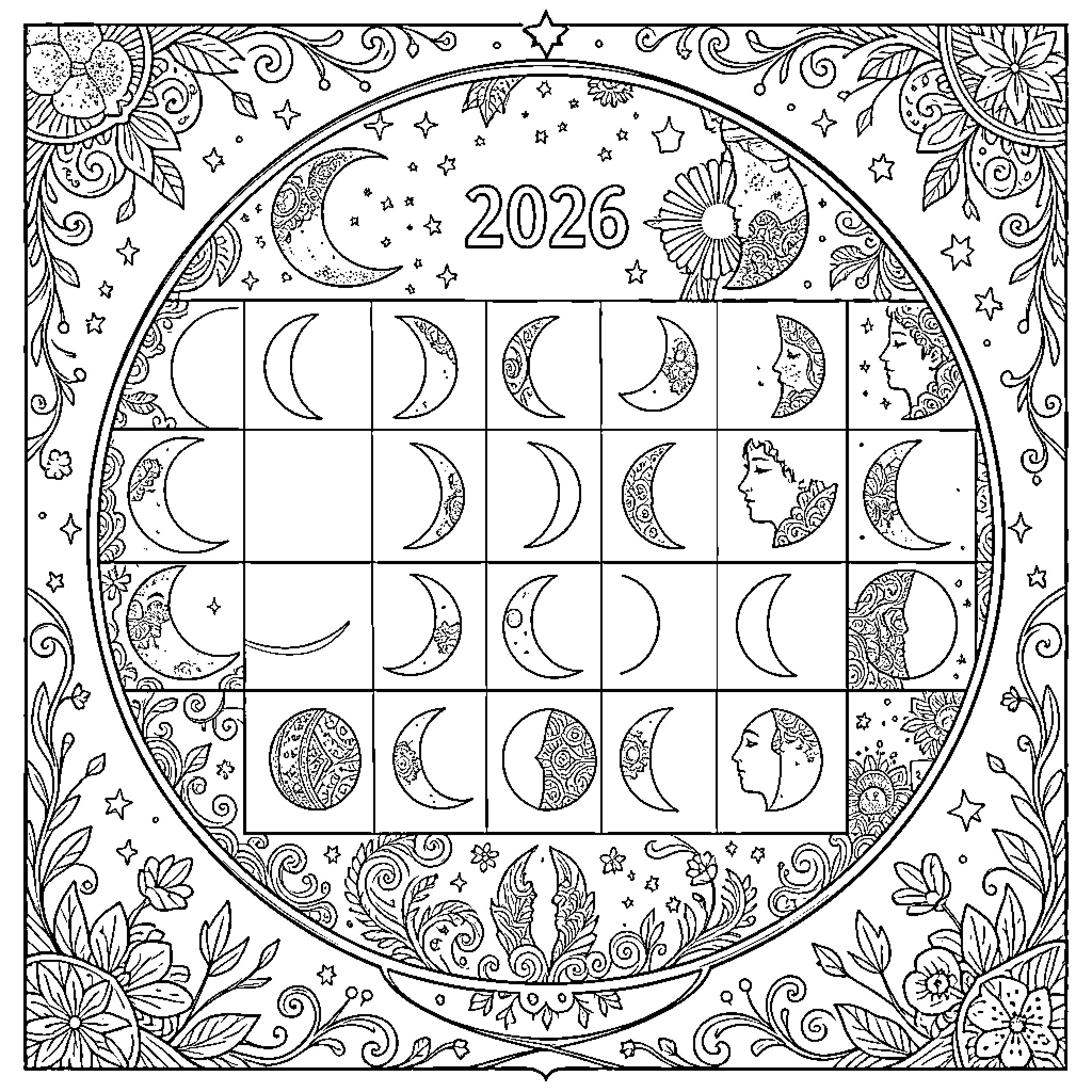 Lunar Calendar of Phases and Celestial Elements Coloring Page (free black-and-white line drawing printable PDF for all, from beginners to advanced learners, including children, teens, adults, and seniors)