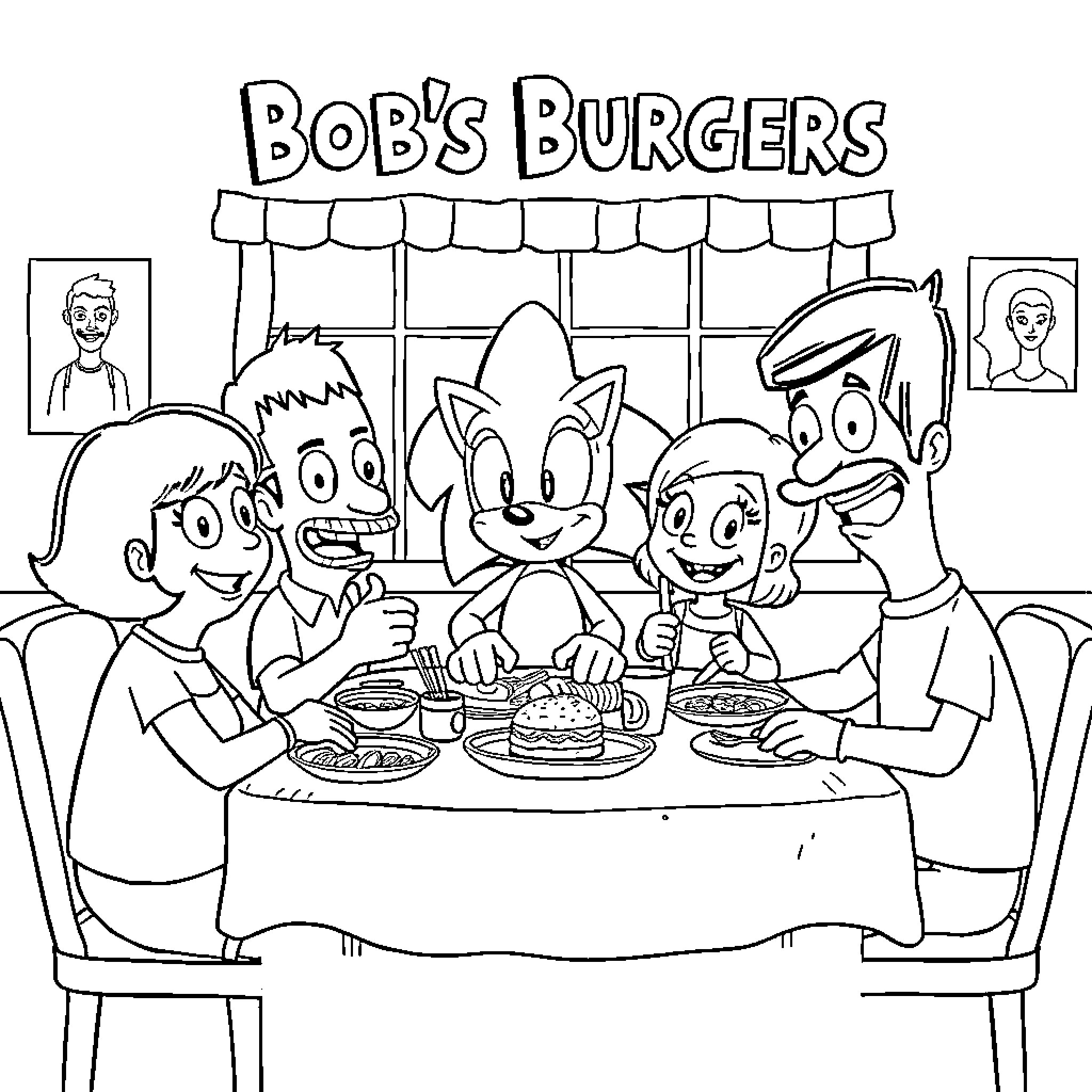 Belcher Family Enjoying Burgers and Snacks at Bob's Burgers Coloring Page (free black-and-white line drawing printable PDF for all, from beginners to advanced learners, including children, teens, adults, and seniors)