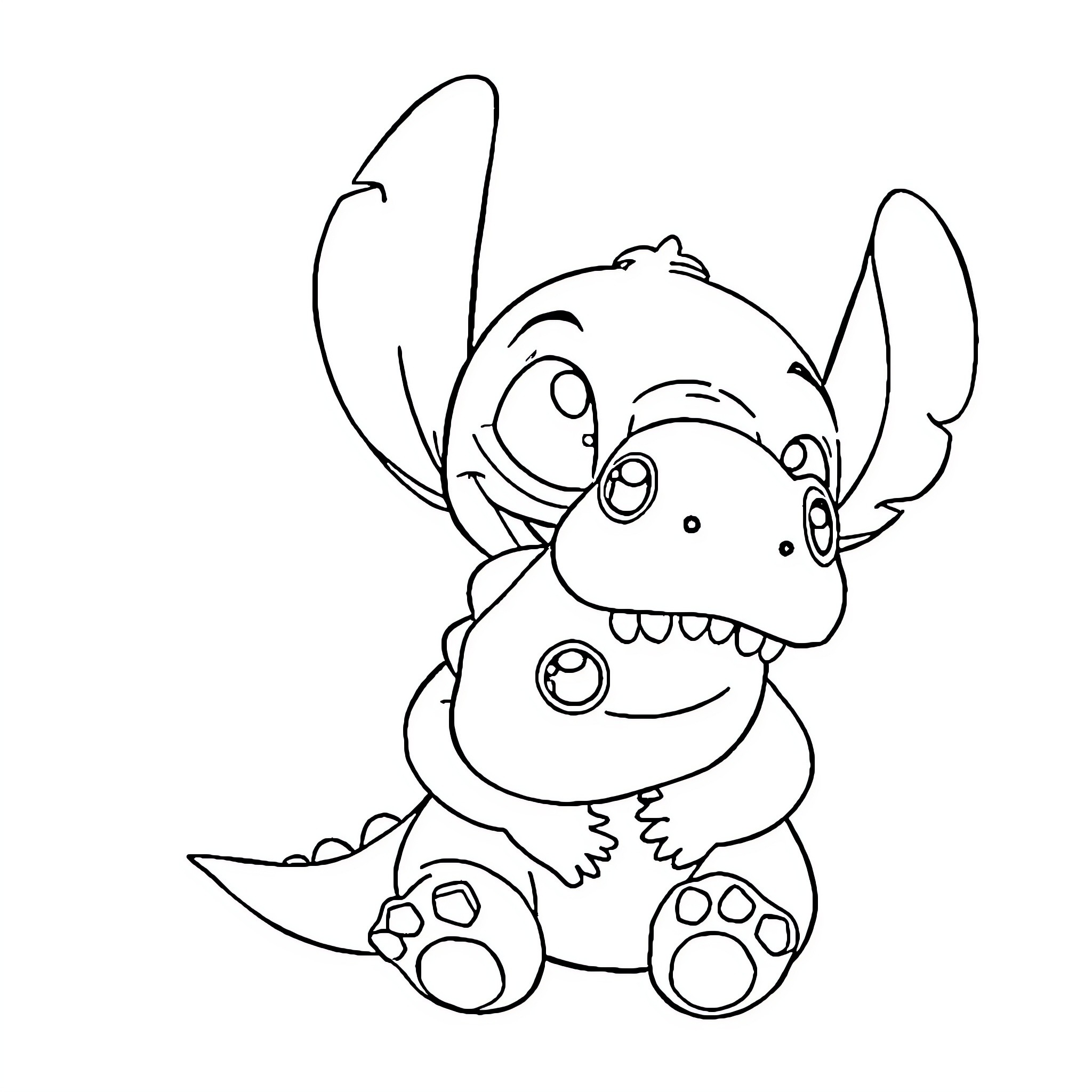 Stitch sitting with a toy Coloring Page (free black-and-white line drawing printable PDF for all, from beginners to advanced learners, including children, teens, adults, and seniors)