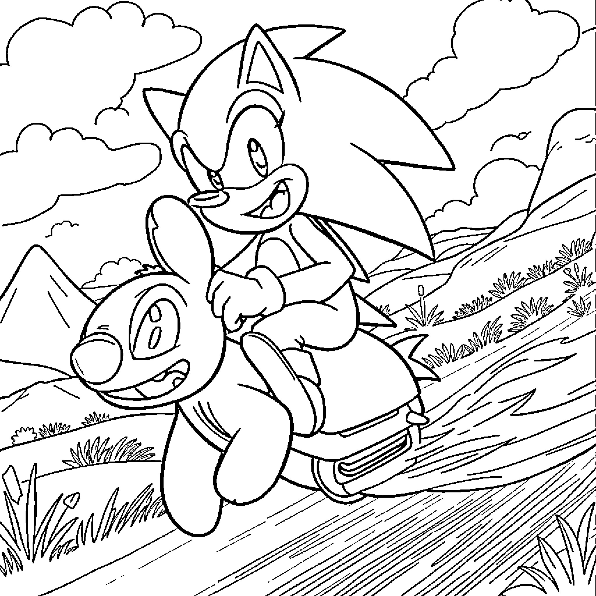 Sonic running through a lush outdoor scene Coloring Page (free black-and-white line drawing printable PDF for all, from beginners to advanced learners, including children, teens, adults, and seniors)
