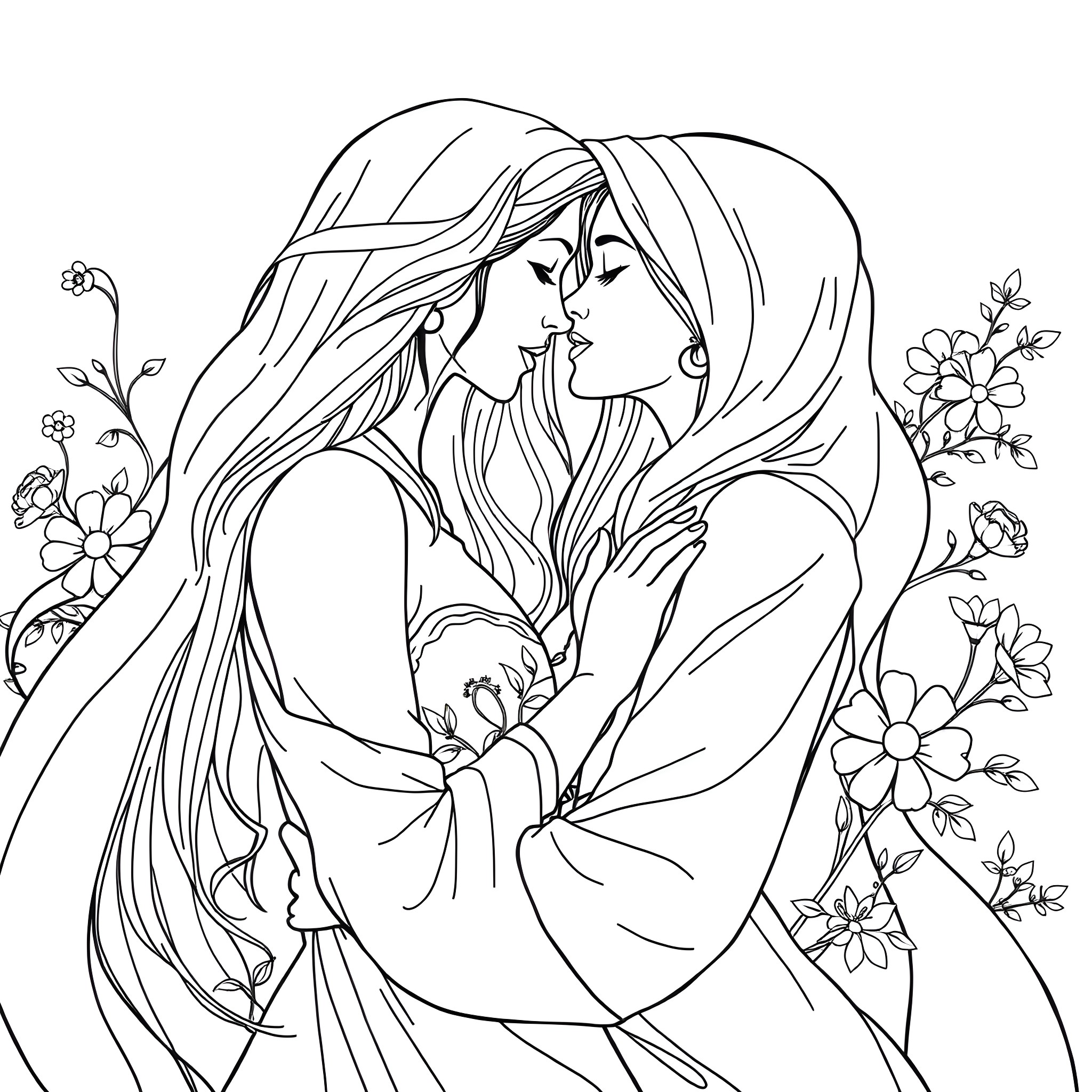 Woman embracing lovingly in floral scene Coloring Page (free black-and-white line drawing printable PDF for all, from beginners to advanced learners, including children, teens, adults, and seniors)