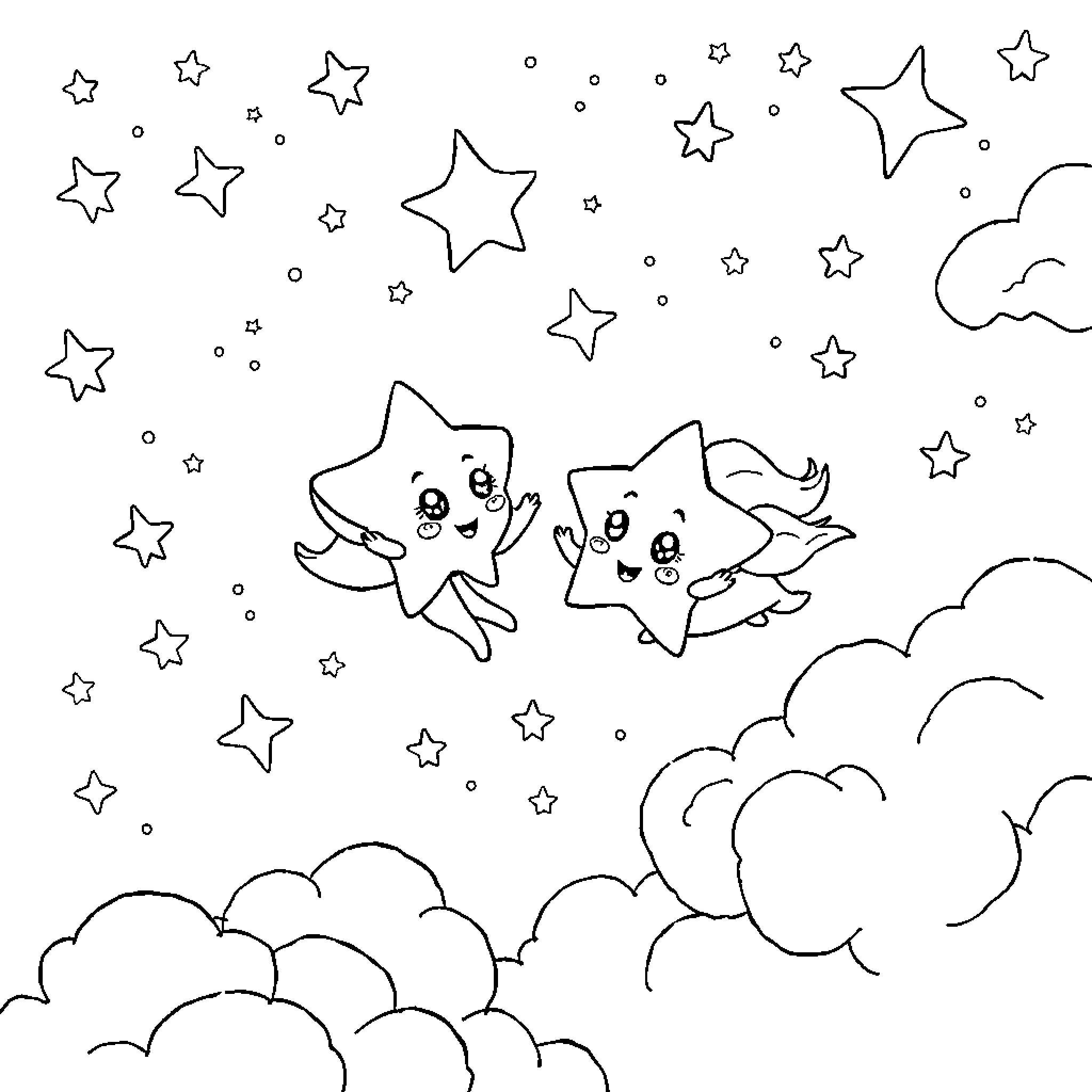 Twin Stars Floating Playfully in the Night Sky Coloring Page (free black-and-white line drawing printable PDF for all, from beginners to advanced learners, including children, teens, adults, and seniors)