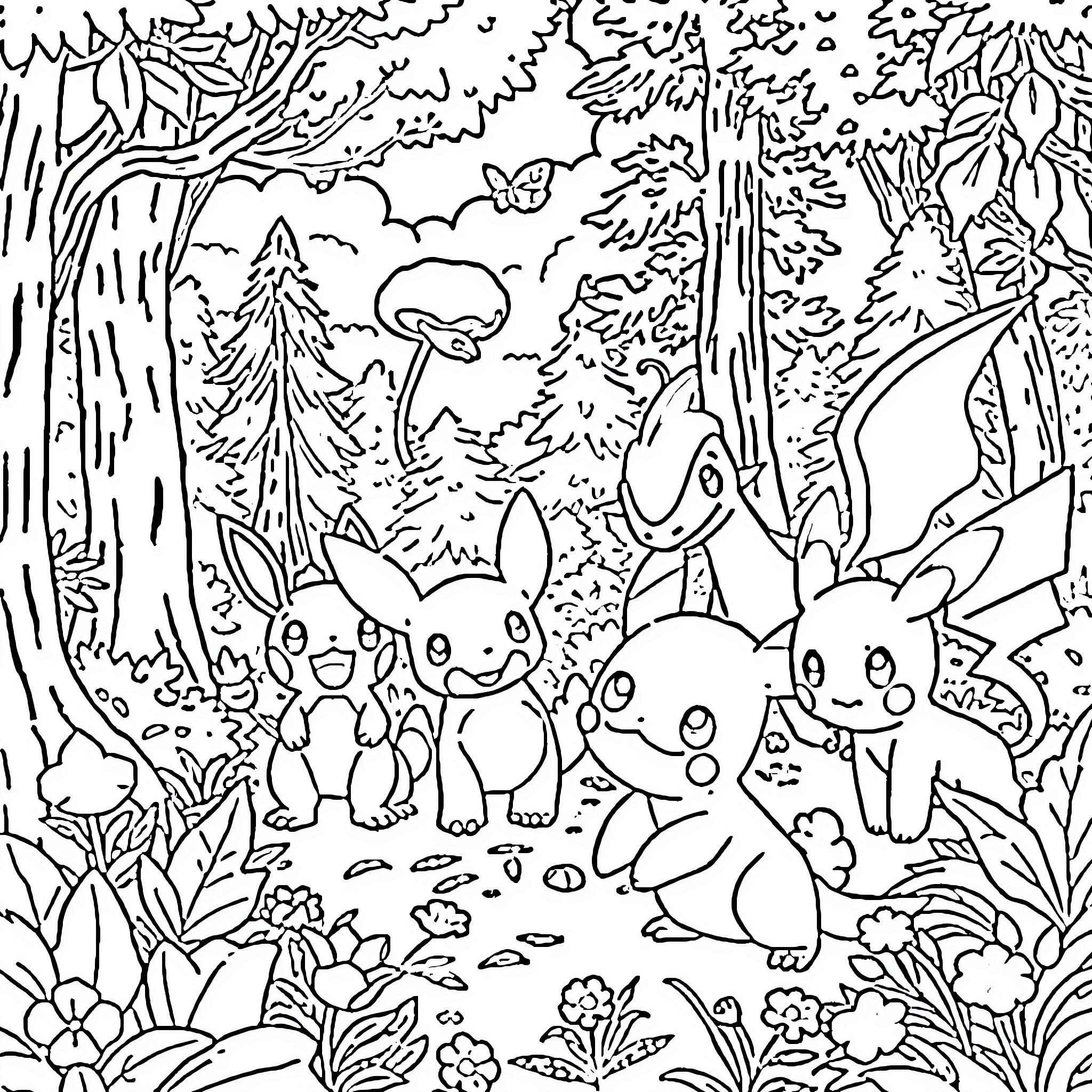 Pokémon characters exploring a magical forest scene Coloring Page (free black-and-white line drawing printable PDF for all, from beginners to advanced learners, including children, teens, adults, and seniors)