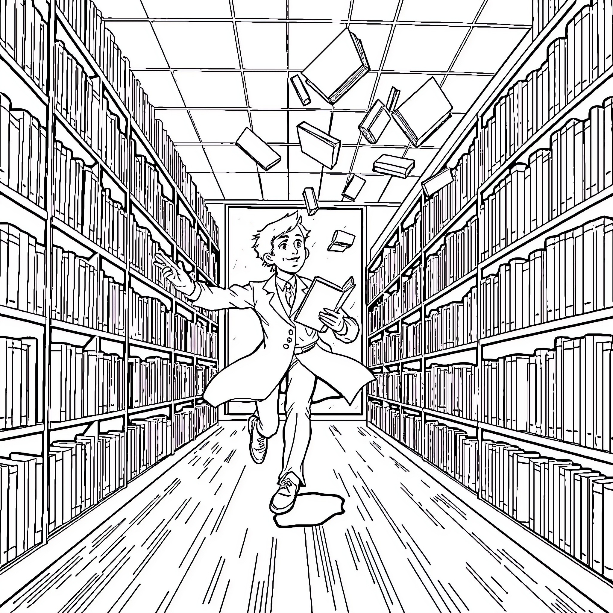 Librarian Rushing Through Bookshelves With Floating Books Coloring Page (free black-and-white line drawing printable PDF for all, from beginners to advanced learners, including children, teens, adults, and seniors)