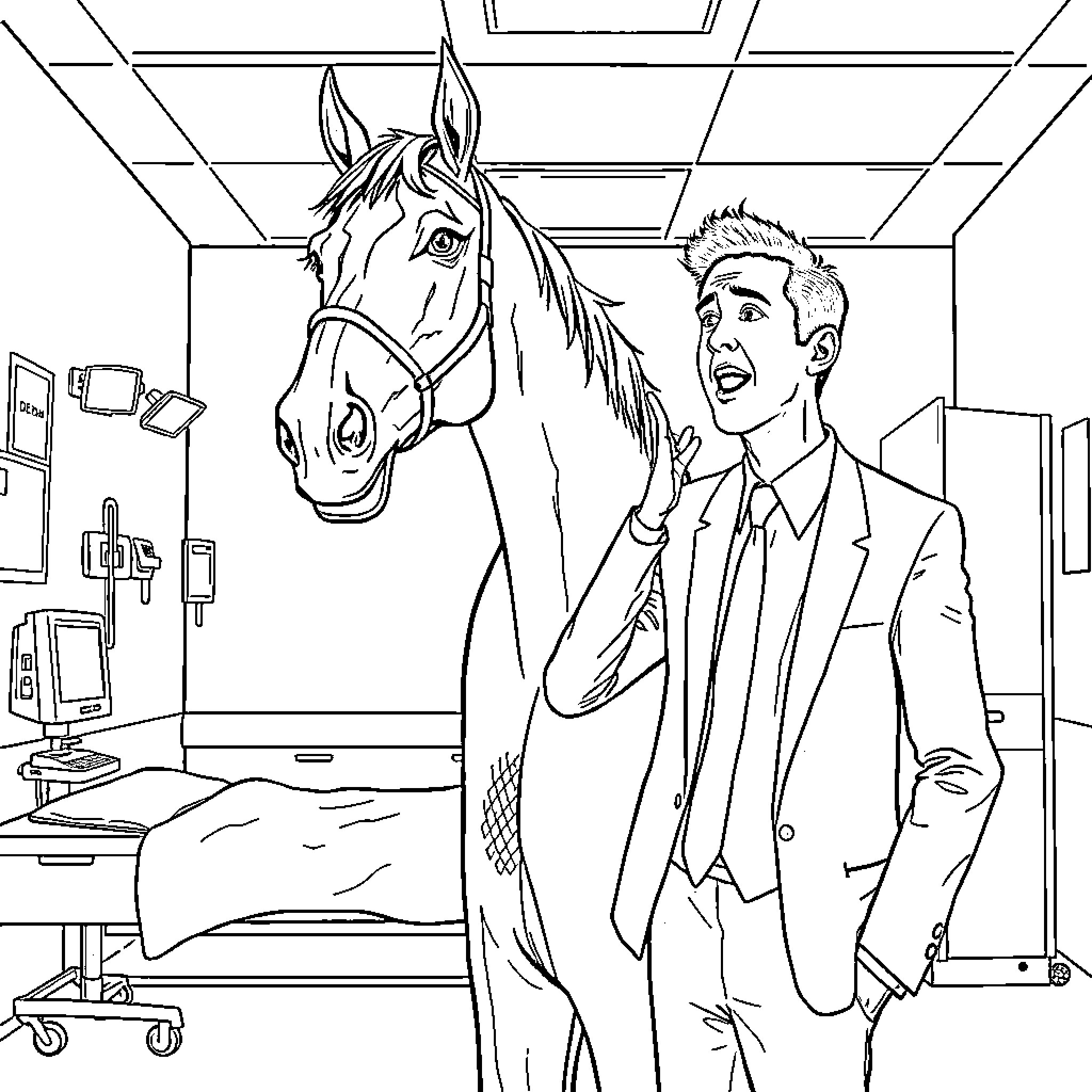 John Mulaney interacting with a horse in an office setting Coloring Page (free black-and-white line drawing printable PDF for all, from beginners to advanced learners, including children, teens, adults, and seniors)