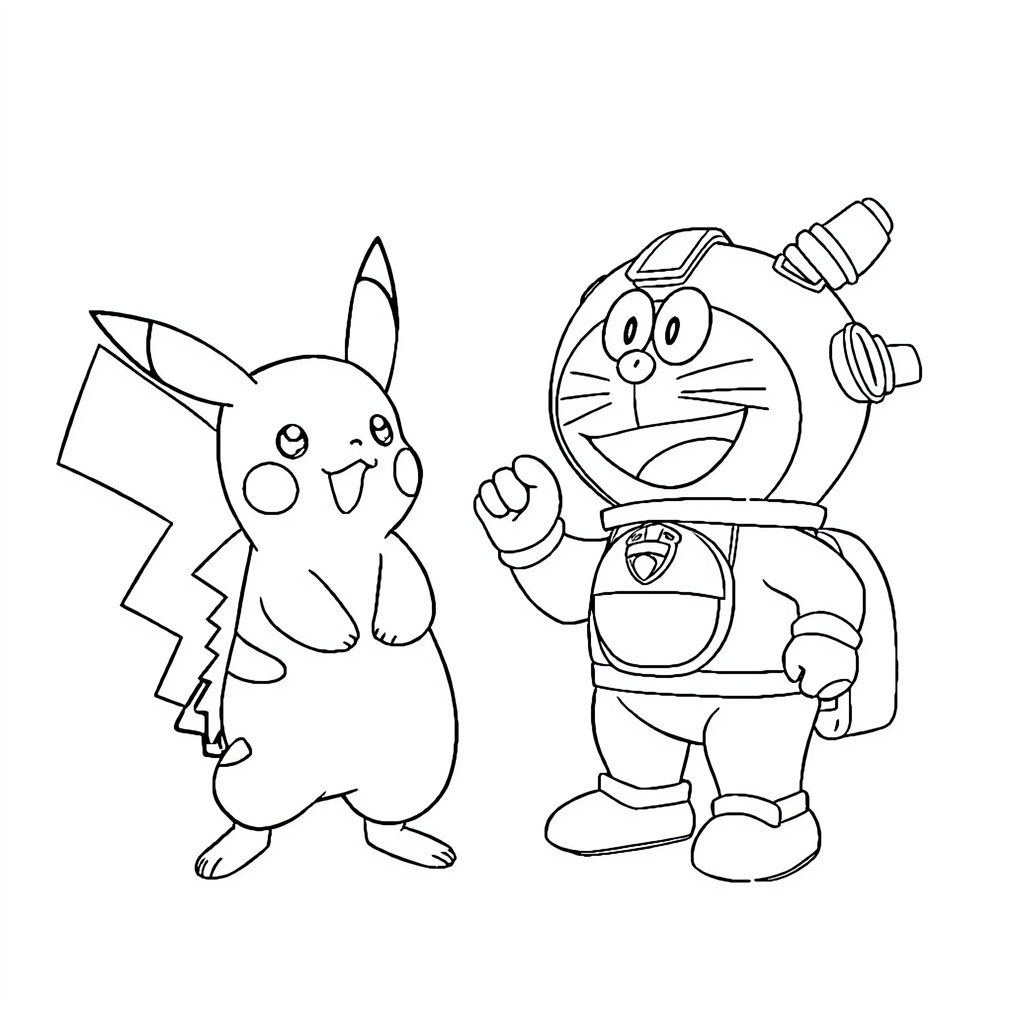 Pikachu and Doraemon playing together Coloring Page (free black-and-white line drawing printable PDF for all, from beginners to advanced learners, including children, teens, adults, and seniors)