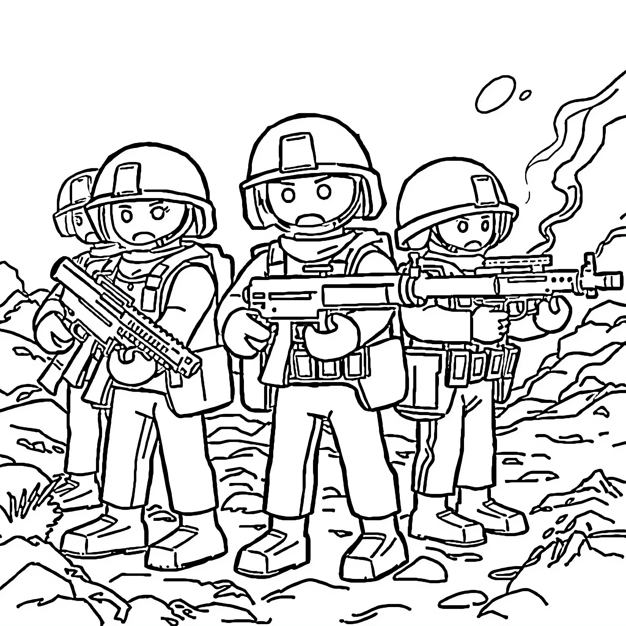 Military Playmobil Soldiers in Action on the Battlefield Coloring Page (free black-and-white line drawing printable PDF for all, from beginners to advanced learners, including children, teens, adults, and seniors)