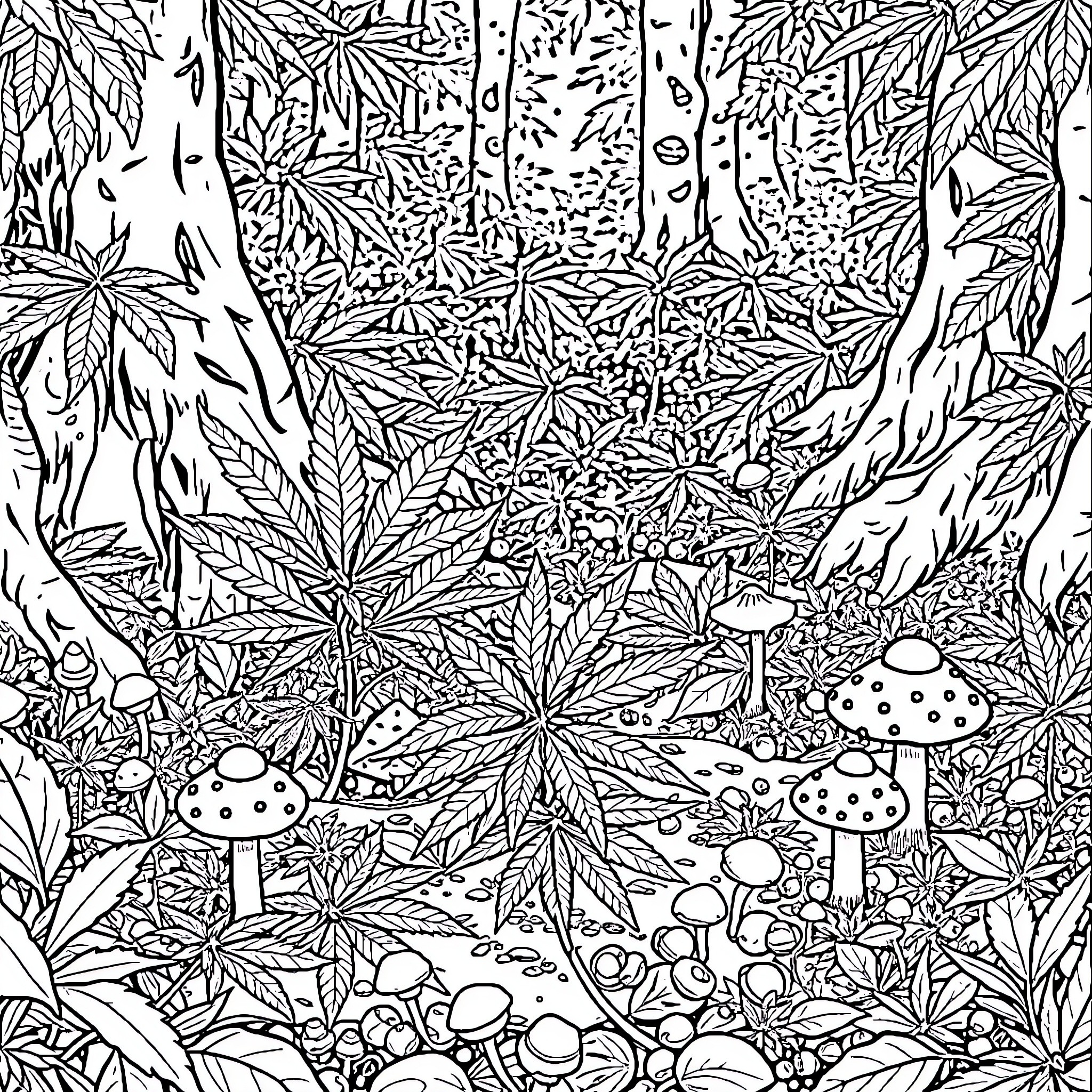 Cannabis forest with mushrooms and nature elements Coloring Page (free black-and-white line drawing printable PDF for all, from beginners to advanced learners, including children, teens, adults, and seniors)