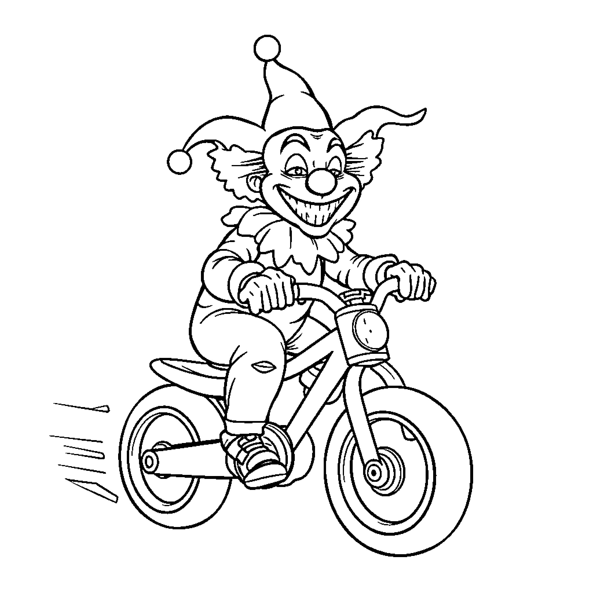 Art The Clown Riding a Motorcycle with Joyful Expression Coloring Page (free black-and-white line drawing printable PDF for all, from beginners to advanced learners, including children, teens, adults, and seniors)