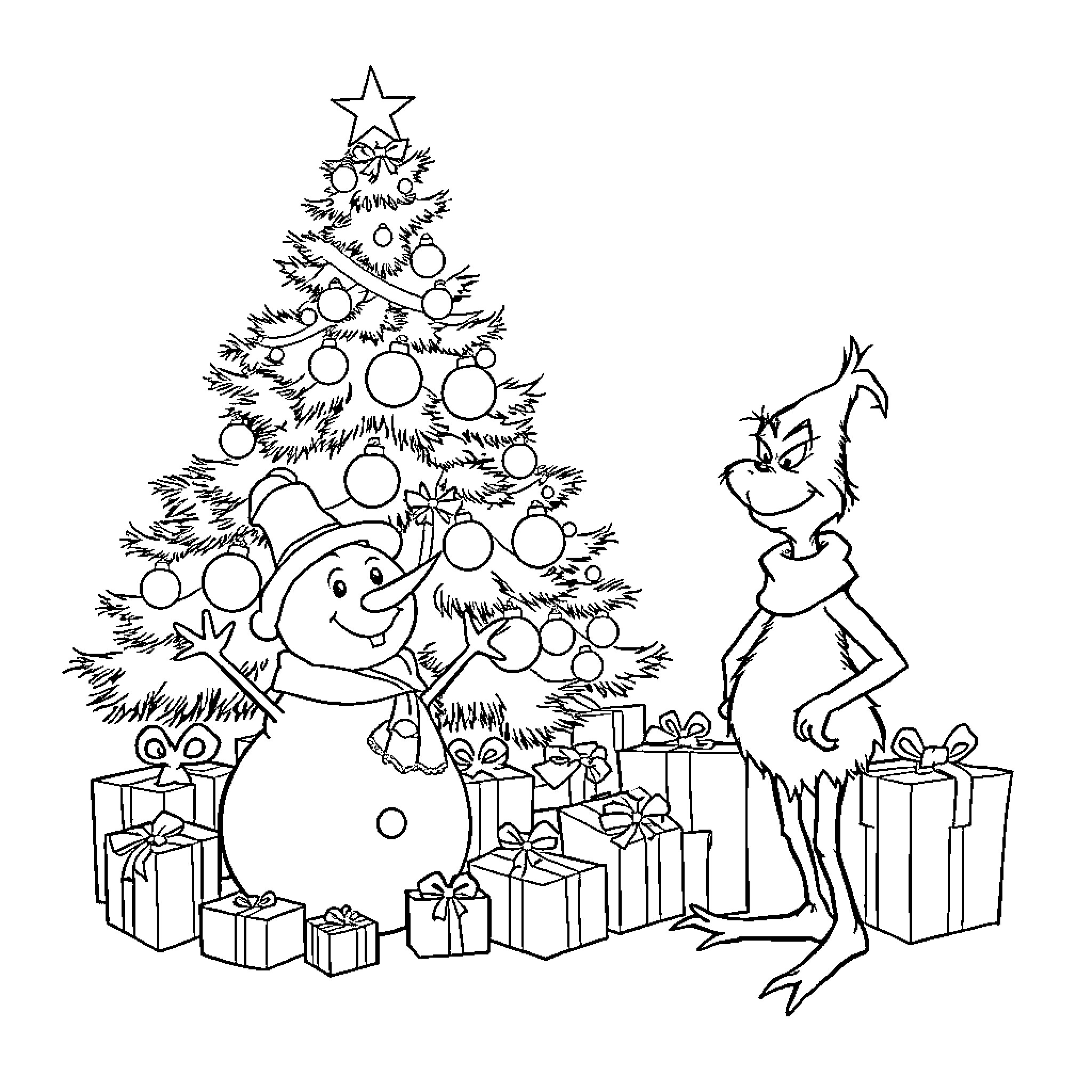 Christmas Tree with Smiling Snowman and Grinch Figure Coloring Page (free black-and-white line drawing printable PDF for all, from beginners to advanced learners, including children, teens, adults, and seniors)