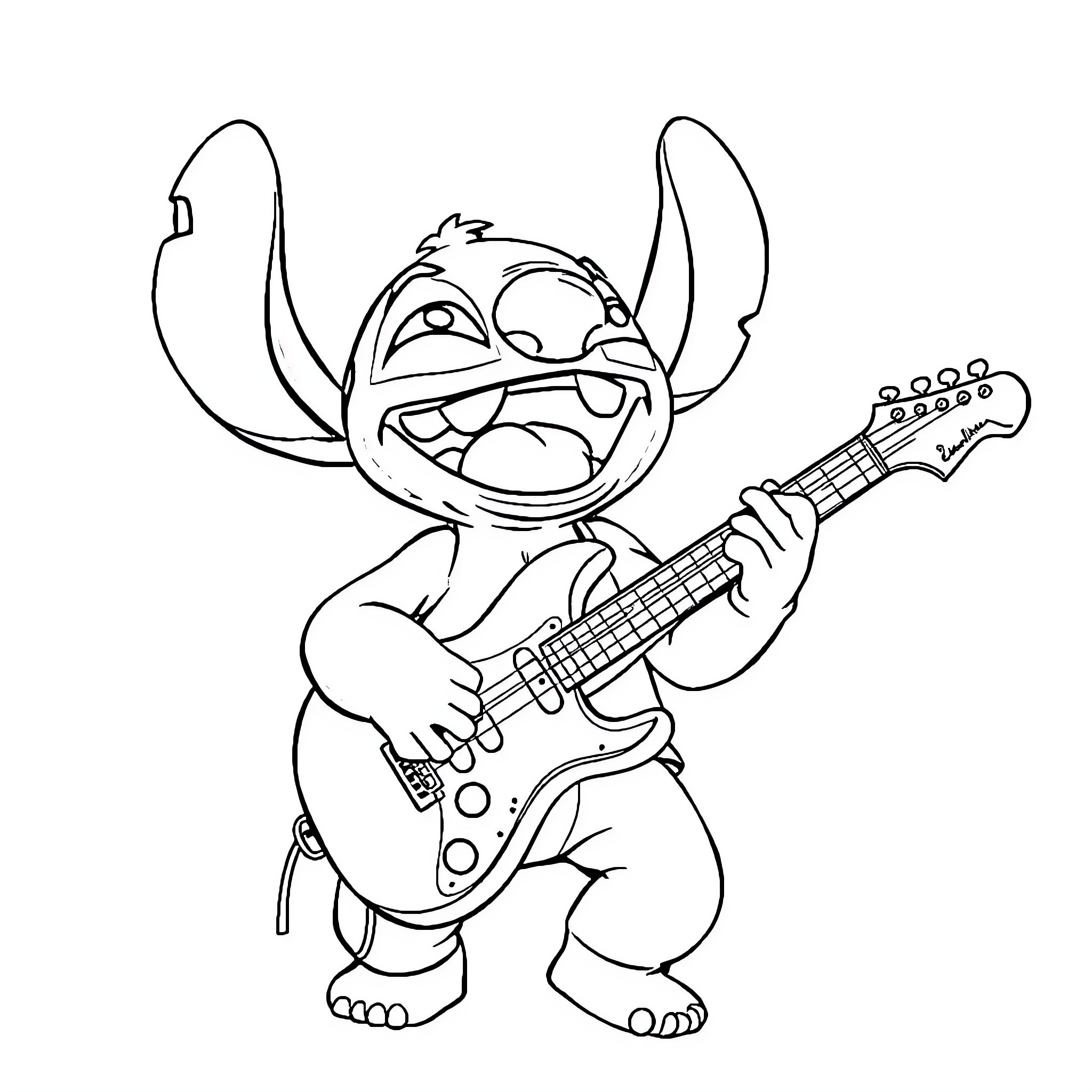 Stitch rocking out with electric guitar Coloring Page (free black-and-white line drawing printable PDF for all, from beginners to advanced learners, including children, teens, adults, and seniors)