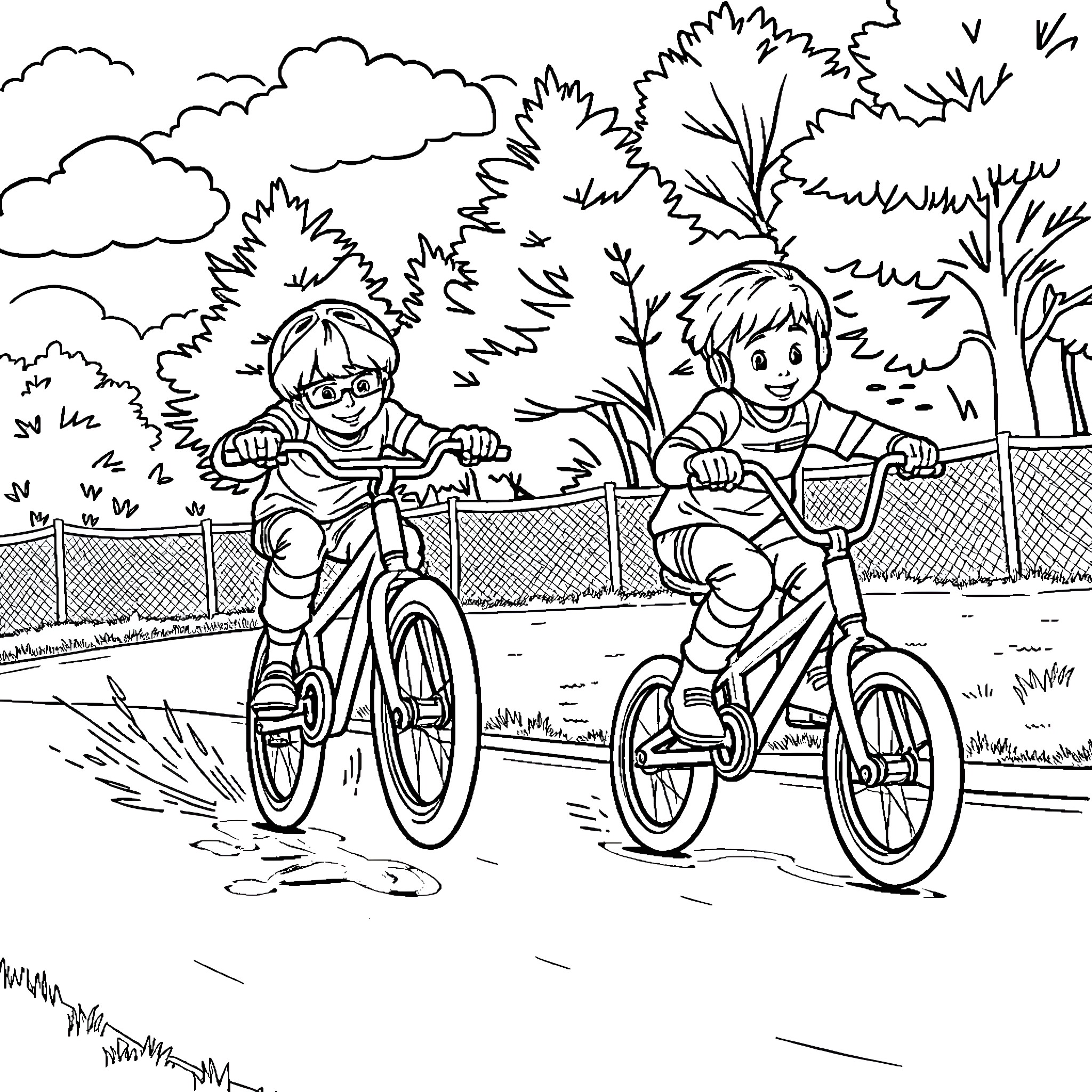 Boys Riding Bicycles in the Park Coloring Page (free black-and-white line drawing printable PDF for all, from beginners to advanced learners, including children, teens, adults, and seniors)