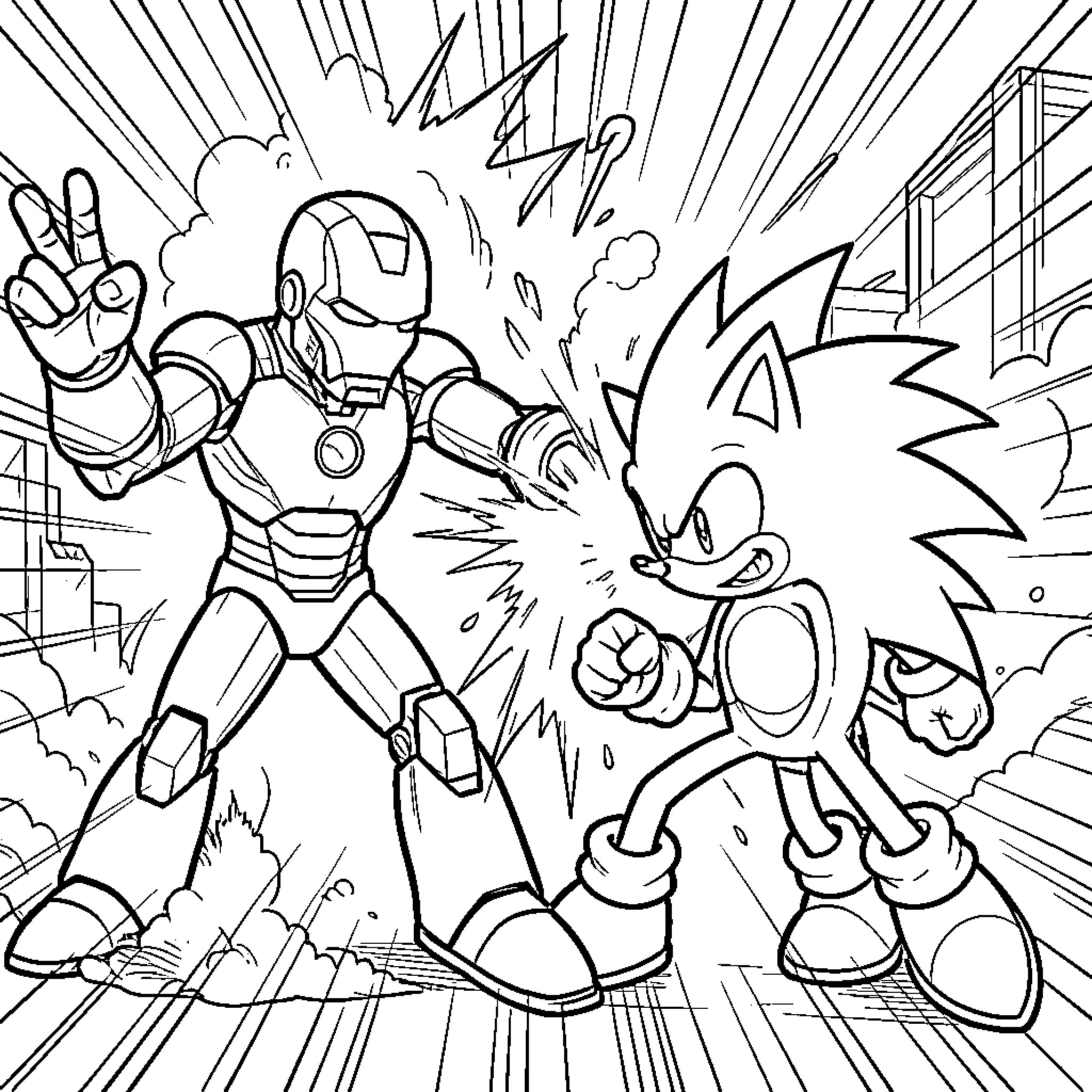 Iron Man and Sonic facing off in a battle Coloring Page (free black-and-white line drawing printable PDF for all, from beginners to advanced learners, including children, teens, adults, and seniors)