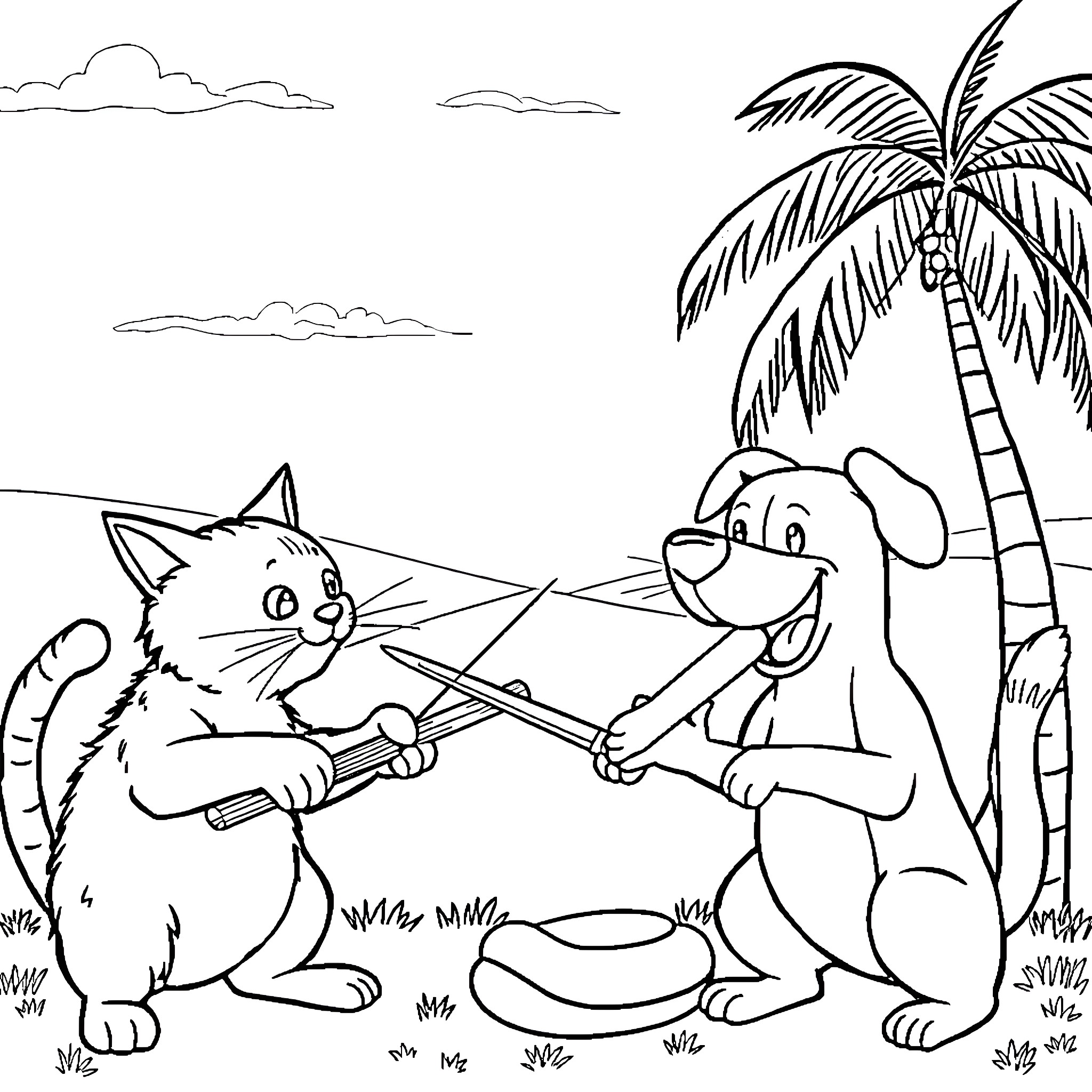 Cat and Dog Playing Tug-of-War on Beach Coloring Page (free black-and-white line drawing printable PDF for all, from beginners to advanced learners, including children, teens, adults, and seniors)
