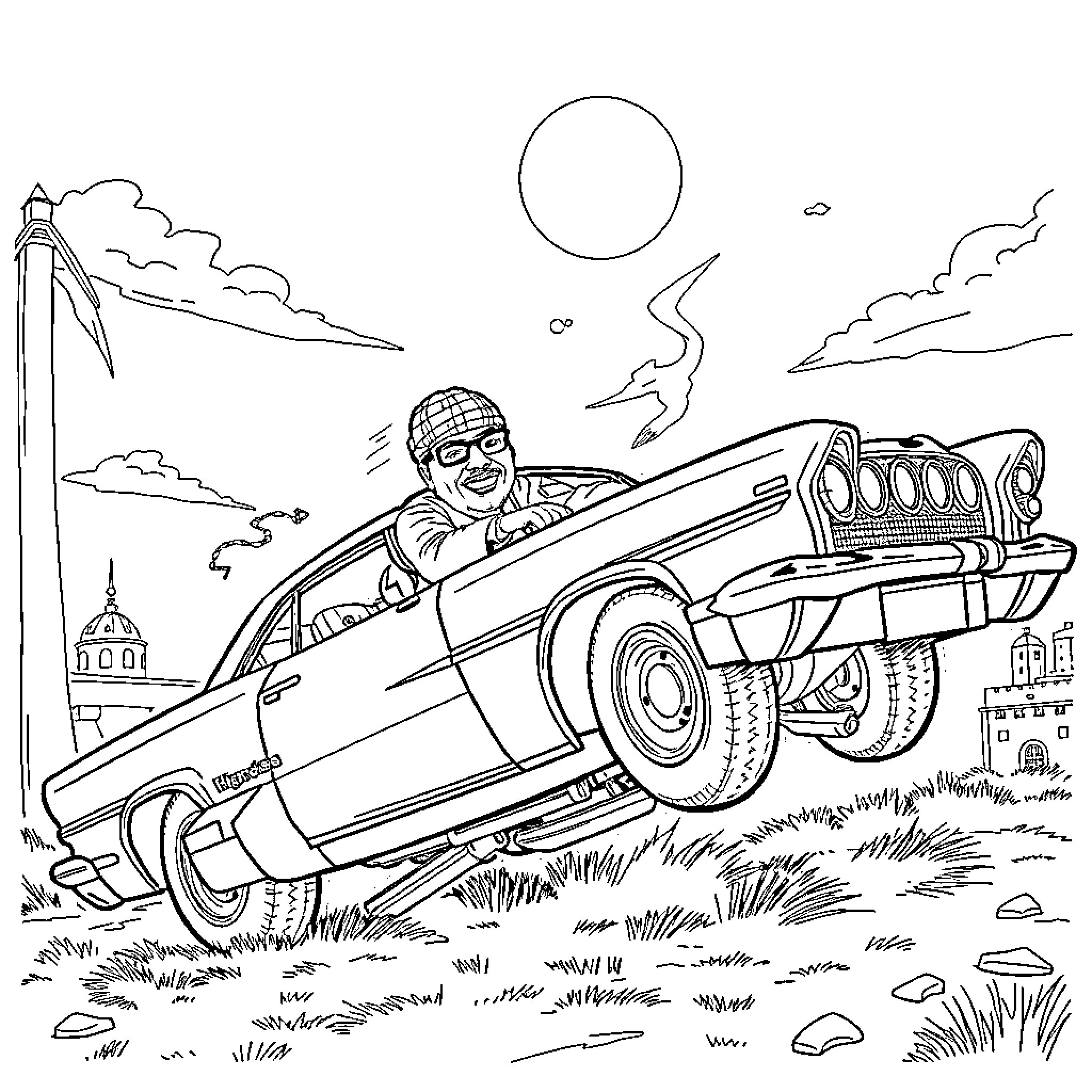 Biggie Smalls drives a futuristic car through the city Coloring Page (free black-and-white line drawing printable PDF for all, from beginners to advanced learners, including children, teens, adults, and seniors)