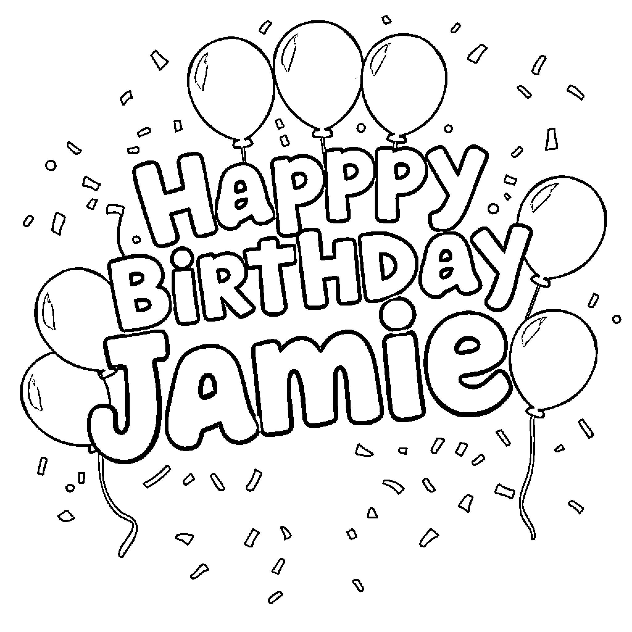 Birthday celebration with balloons and text Coloring Page (free black-and-white line drawing printable PDF for all, from beginners to advanced learners, including children, teens, adults, and seniors)