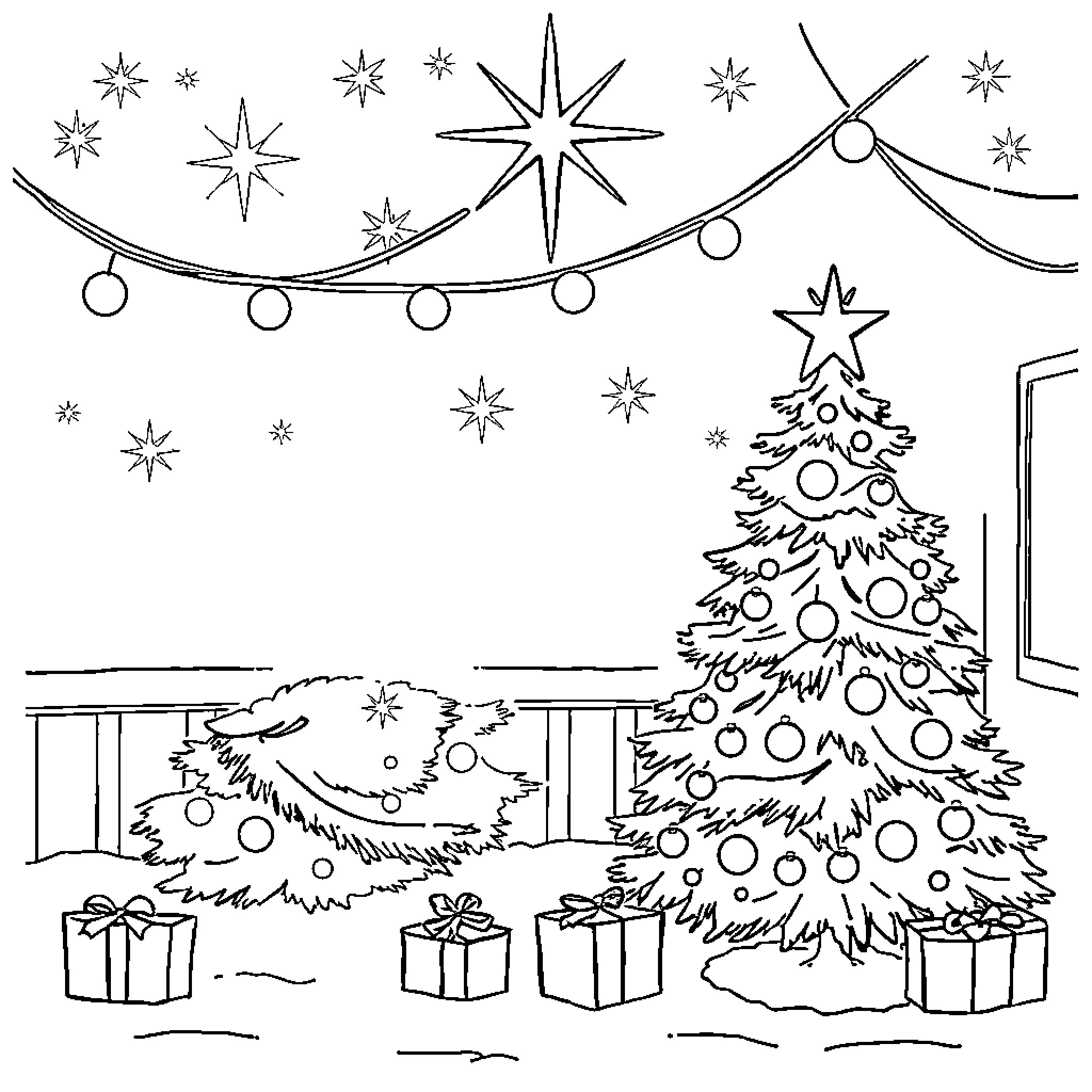 Christmas Decorations and Gifts in Winter Wonderland Coloring Page (free black-and-white line drawing printable PDF for all, from beginners to advanced learners, including children, teens, adults, and seniors)
