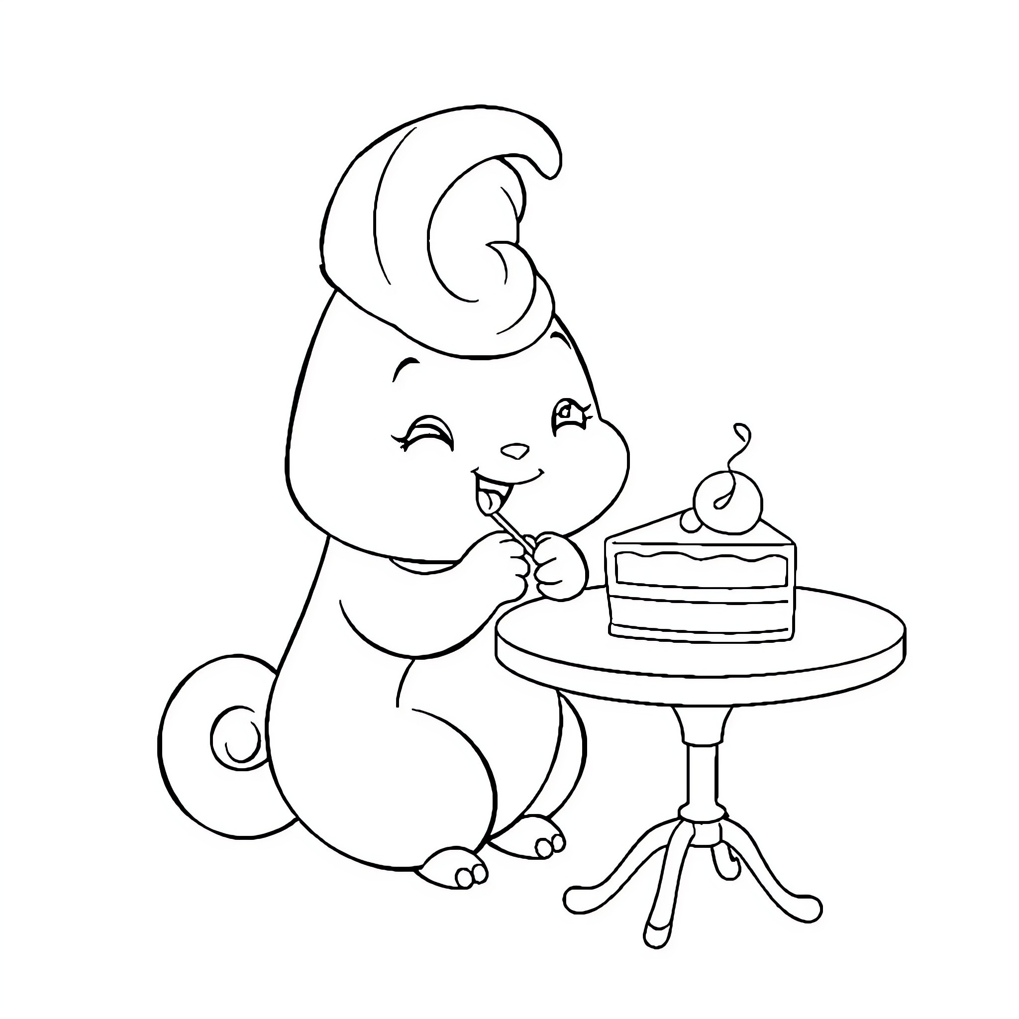 Cinnamaroll enjoys delightful cake Coloring Page (free black-and-white line drawing printable PDF for all, from beginners to advanced learners, including children, teens, adults, and seniors)