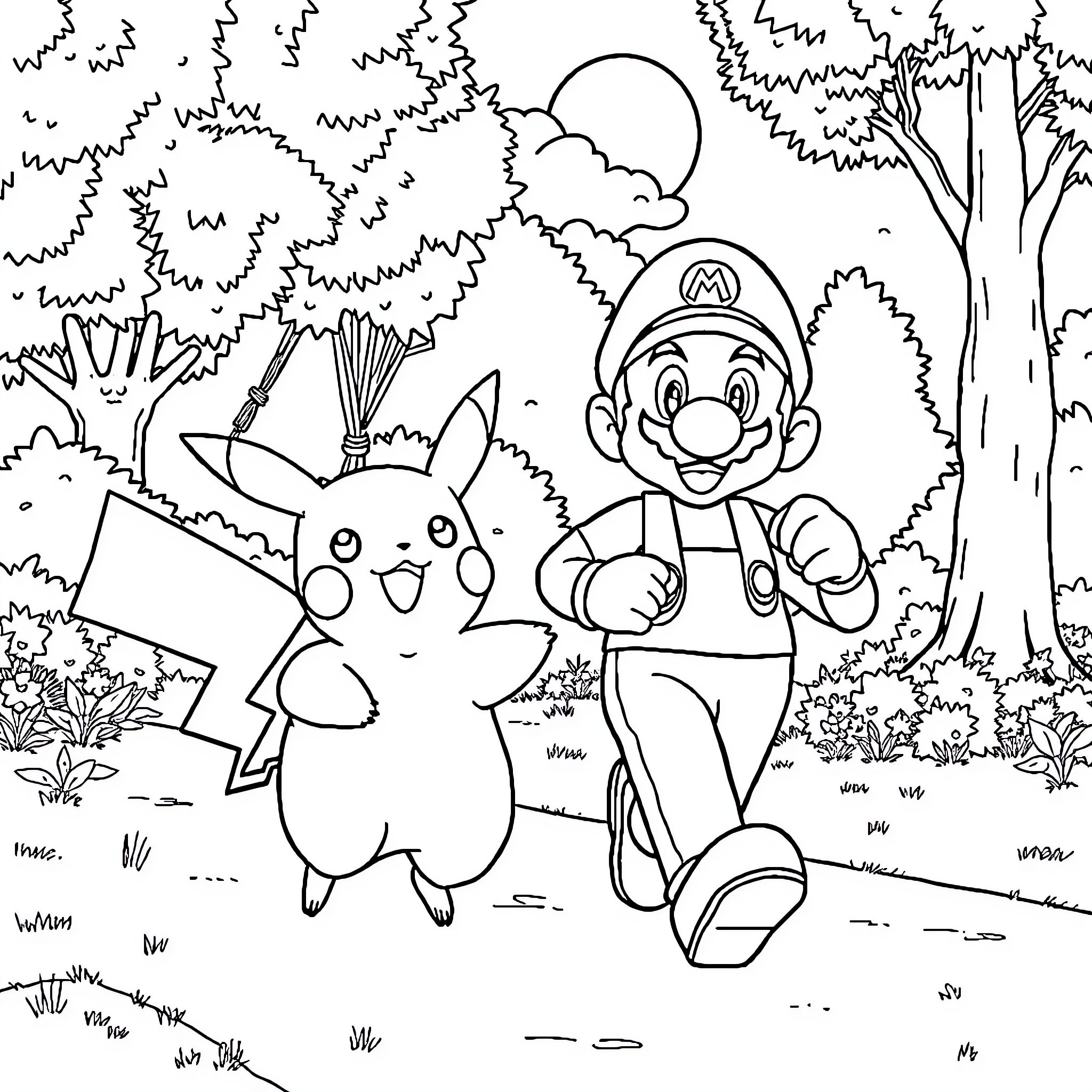 Pikachu and Mario exploring the forest Coloring Page (free black-and-white line drawing printable PDF for all, from beginners to advanced learners, including children, teens, adults, and seniors)