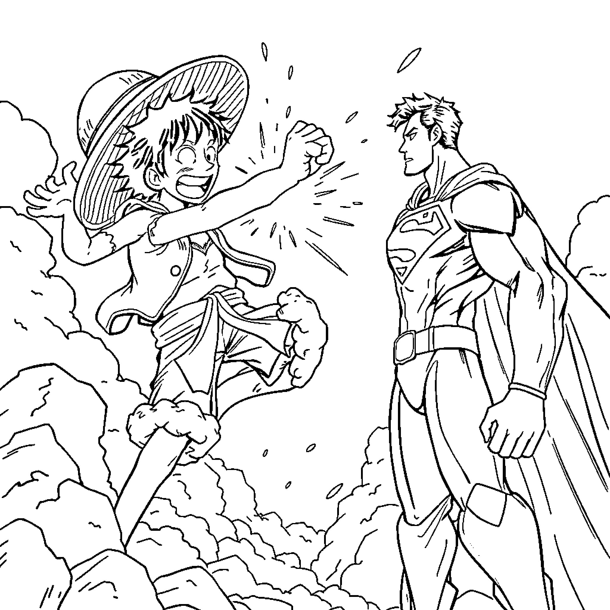 Luffy's Fist Clash with a Powerful Adversary Coloring Page (free black-and-white line drawing printable PDF for all, from beginners to advanced learners, including children, teens, adults, and seniors)