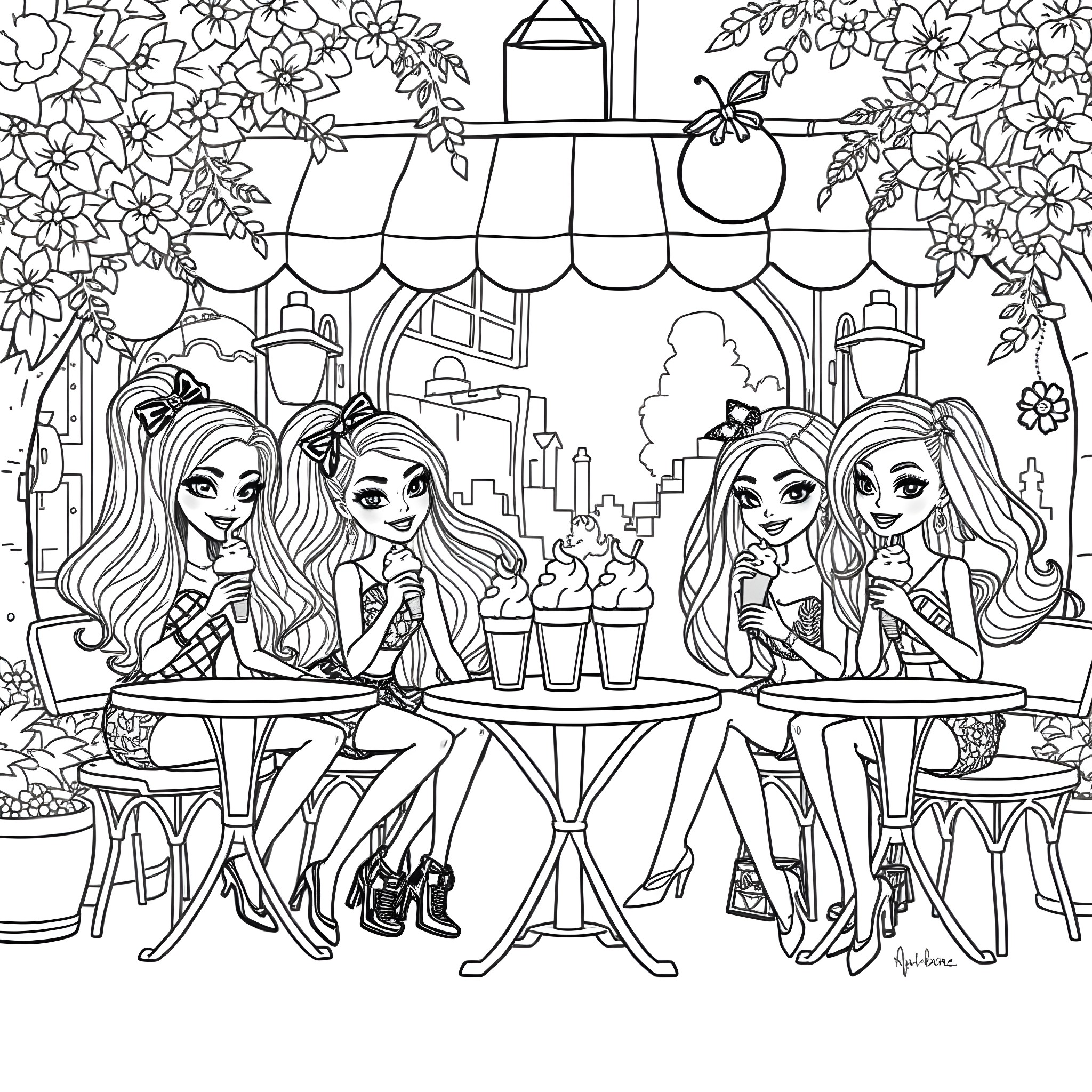 Bratz Dolls Enjoying Cafe Treats Coloring Page (free black-and-white line drawing printable PDF for all, from beginners to advanced learners, including children, teens, adults, and seniors)