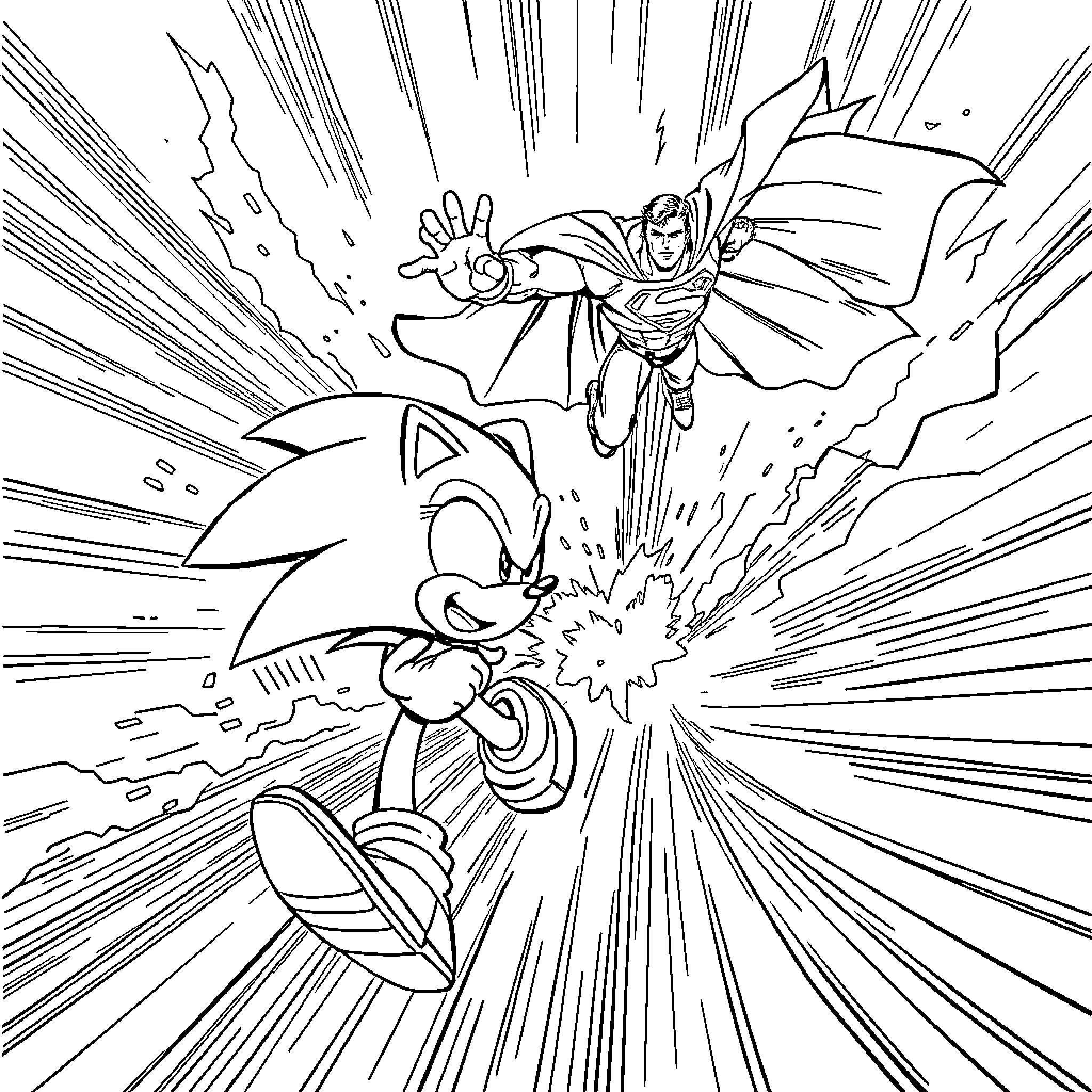 Sonic and Superman's Heroic Encounter Coloring Page (free black-and-white line drawing printable PDF for all, from beginners to advanced learners, including children, teens, adults, and seniors)