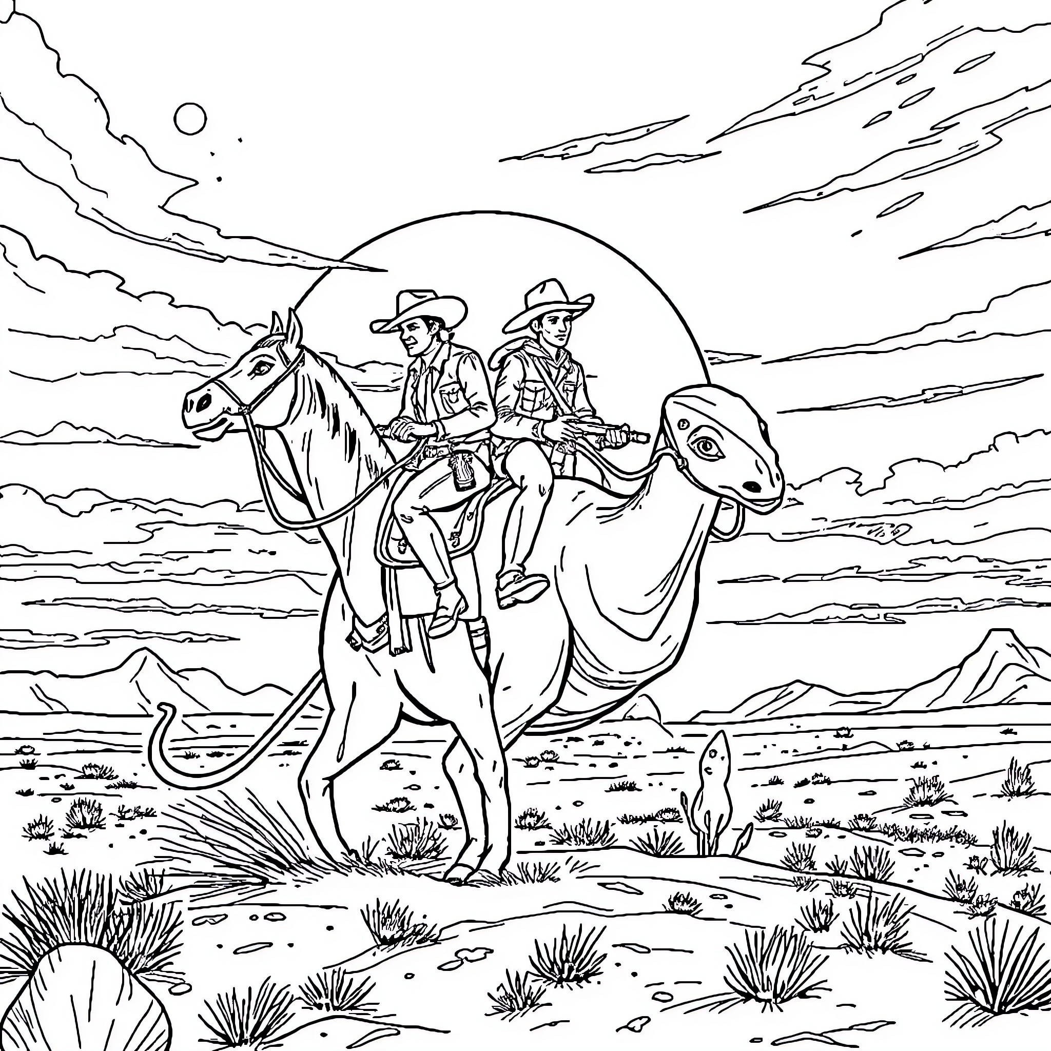 Cowboy horseback riders traveling across the desert landscape Coloring Page (free black-and-white line drawing printable PDF for all, from beginners to advanced learners, including children, teens, adults, and seniors)