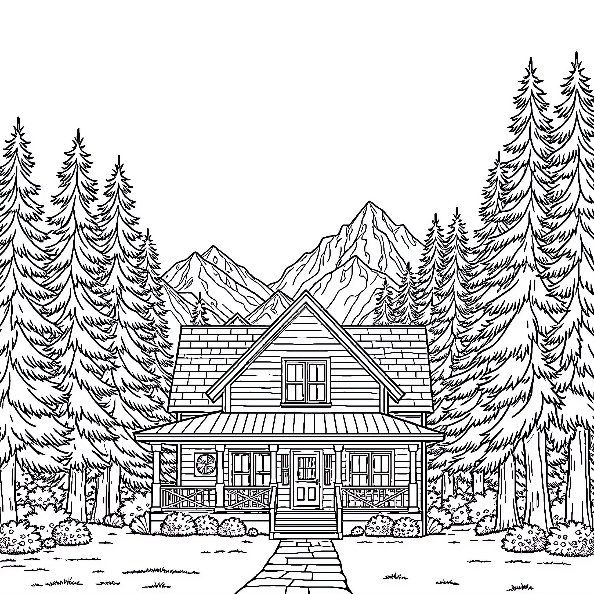 House in the Serene Mountain Forest Coloring Page (free black-and-white line drawing printable PDF for all, from beginners to advanced learners, including children, teens, adults, and seniors)