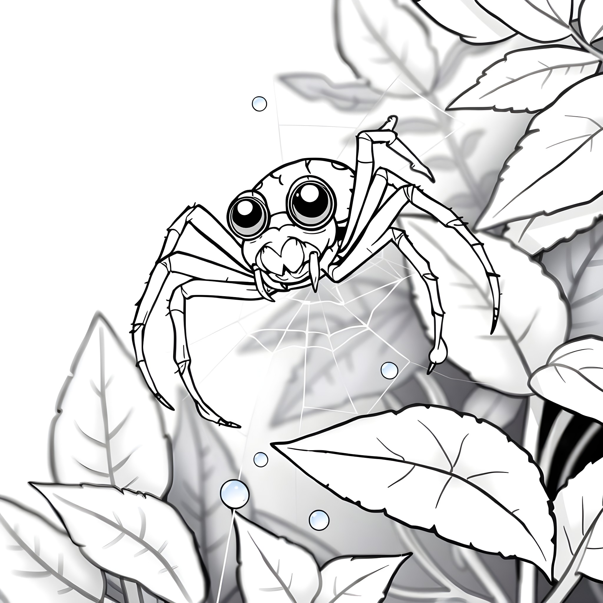 Spider exploring a mysterious forest Coloring Page (free black-and-white line drawing printable PDF for all, from beginners to advanced learners, including children, teens, adults, and seniors)