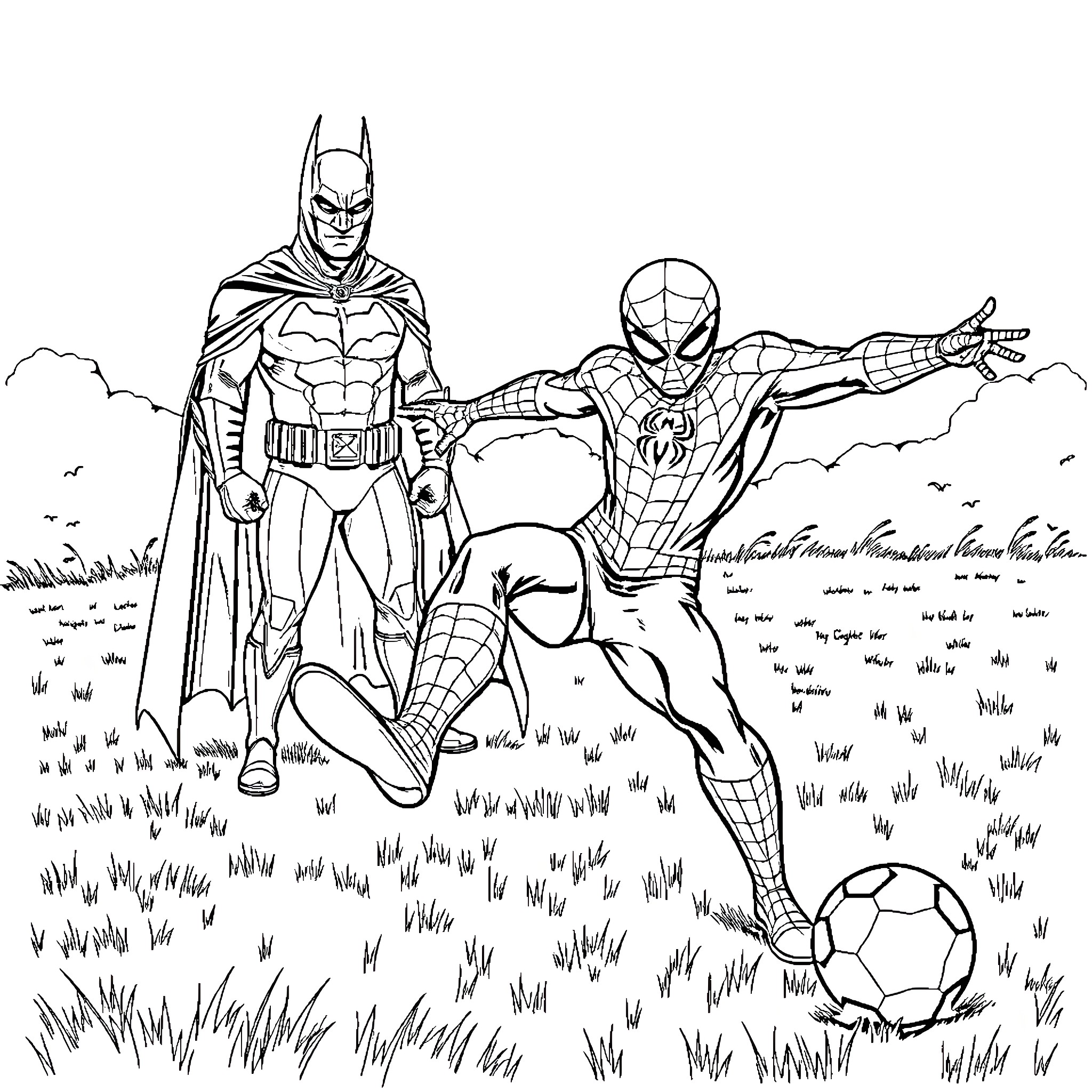 Spiderman and Batman playing soccer in the park Coloring Page (free black-and-white line drawing printable PDF for all, from beginners to advanced learners, including children, teens, adults, and seniors)