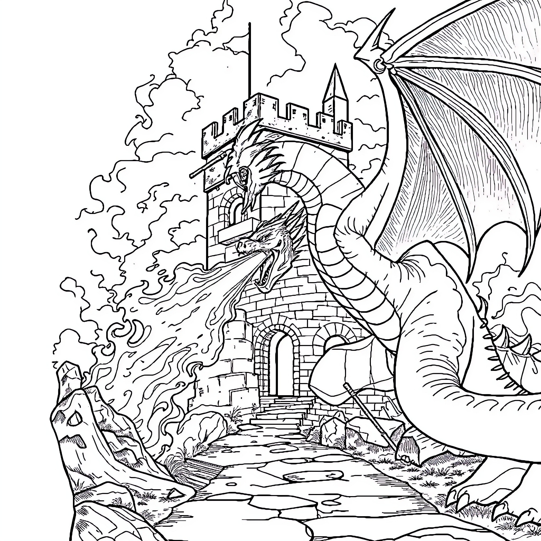 Dragon's Fiery Fortress Guarding the Enchanted Castle Coloring Page (free black-and-white line drawing printable PDF for all, from beginners to advanced learners, including children, teens, adults, and seniors)