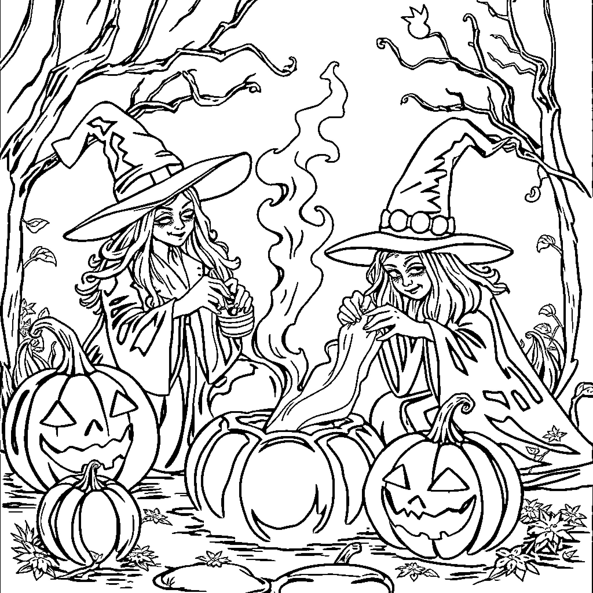 Witch's Enchanting Halloween Revelry Coloring Page (free black-and-white line drawing printable PDF for all, from beginners to advanced learners, including children, teens, adults, and seniors)
