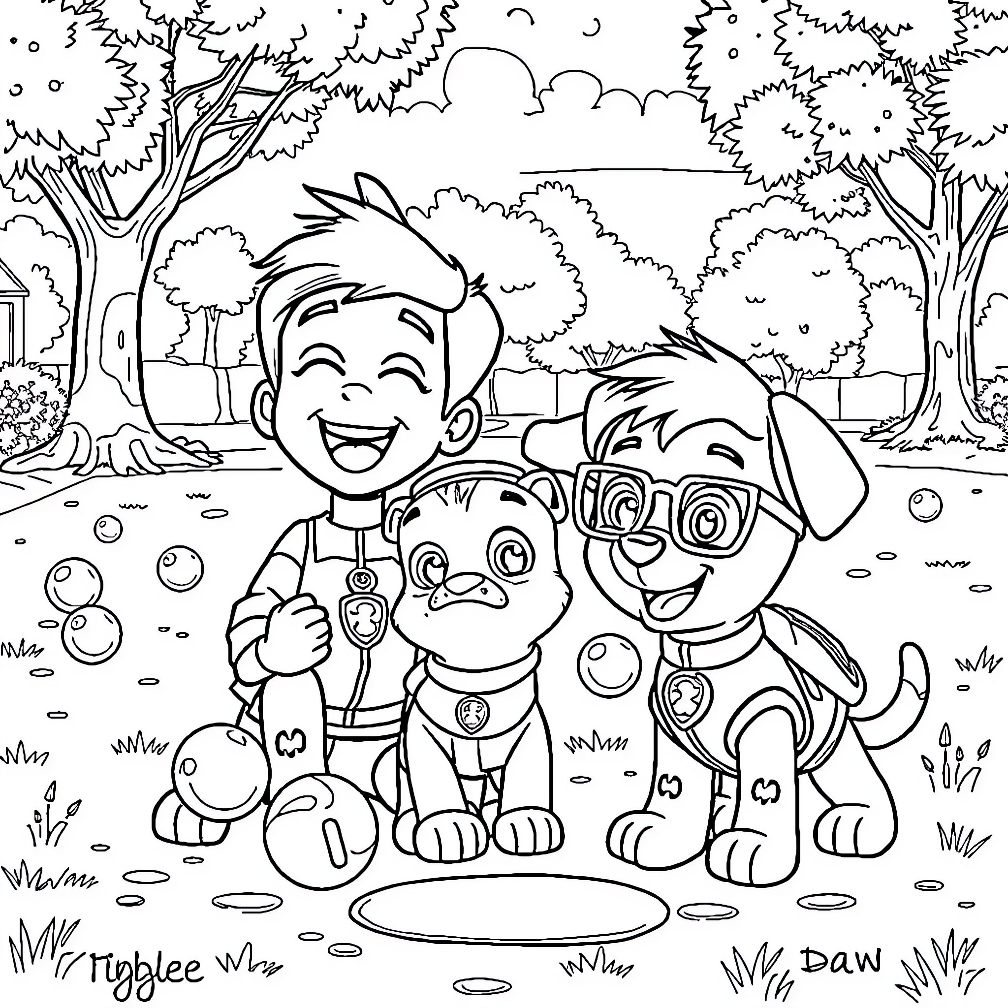 Paw Patrol friends enjoying a day outdoors Coloring Page (free black-and-white line drawing printable PDF for all, from beginners to advanced learners, including children, teens, adults, and seniors)