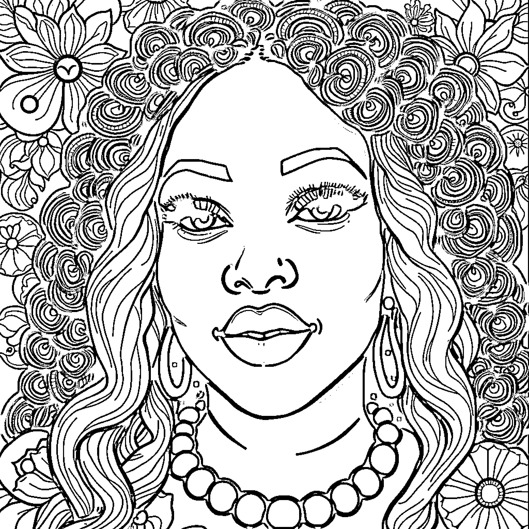Hermayonne's Enchanting Floral Realm Coloring Page (free black-and-white line drawing printable PDF for all, from beginners to advanced learners, including children, teens, adults, and seniors)