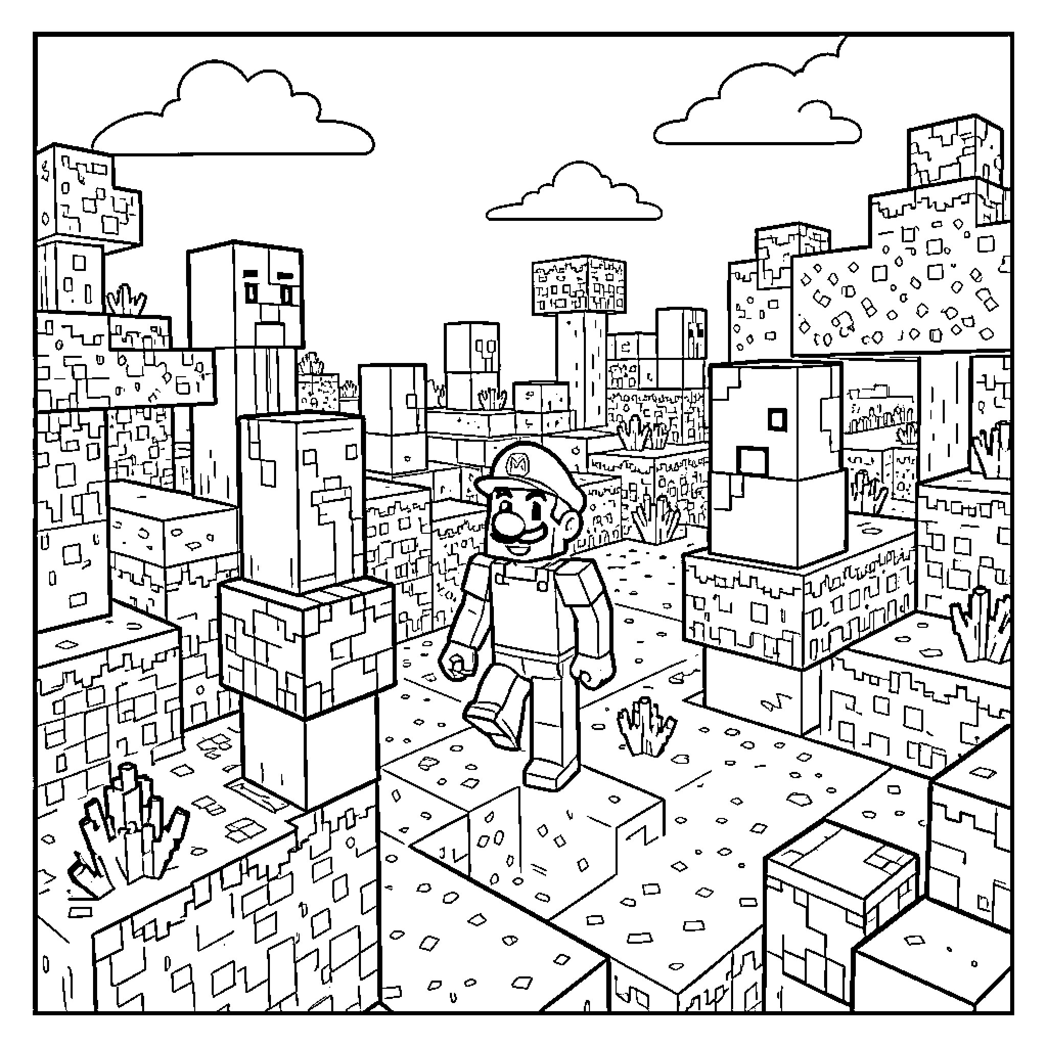 Mario walking through a blocky landscape Coloring Page (free black-and-white line drawing printable PDF for all, from beginners to advanced learners, including children, teens, adults, and seniors)