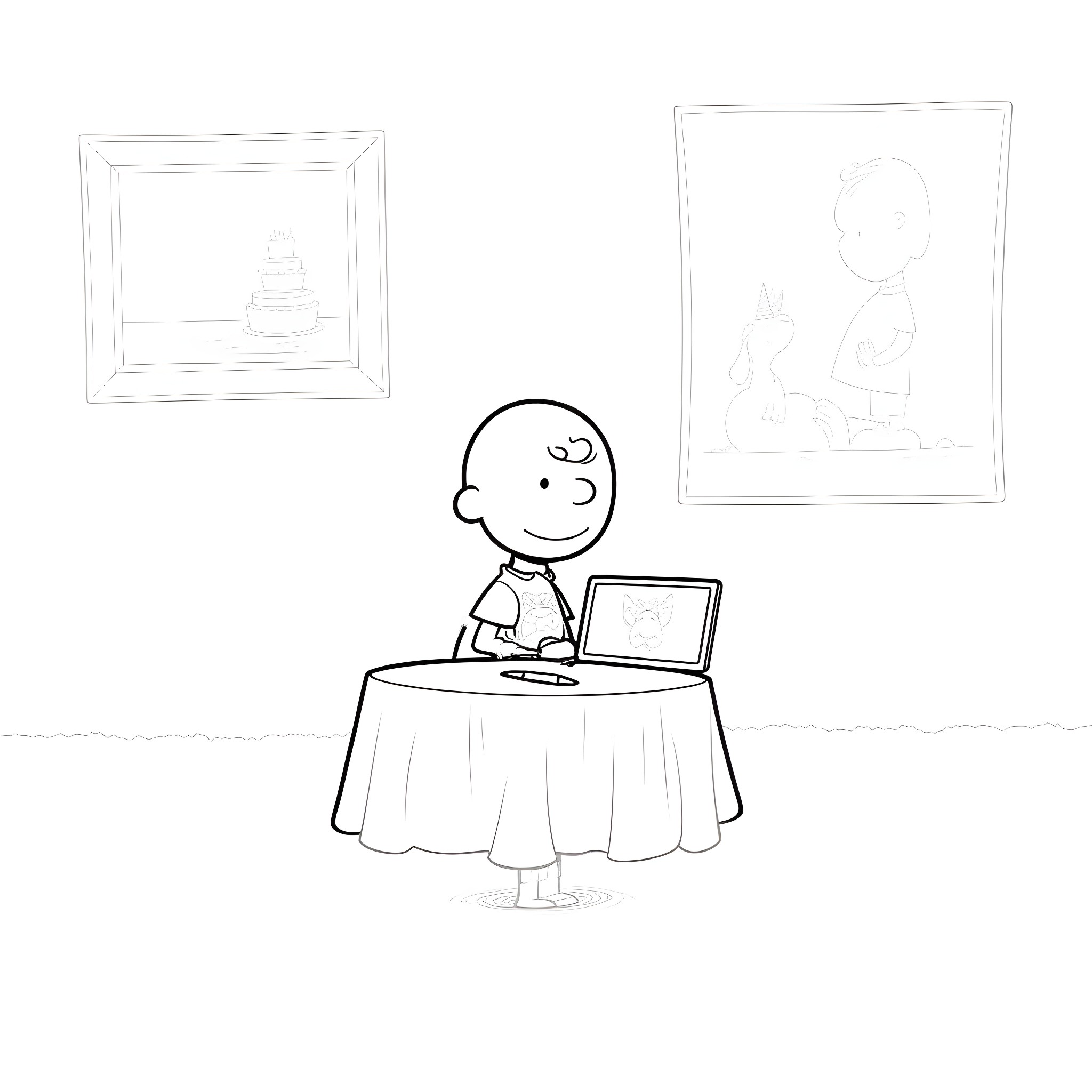 Charlie Brown's Contemplative Moment Coloring Page (free black-and-white line drawing printable PDF for all, from beginners to advanced learners, including children, teens, adults, and seniors)