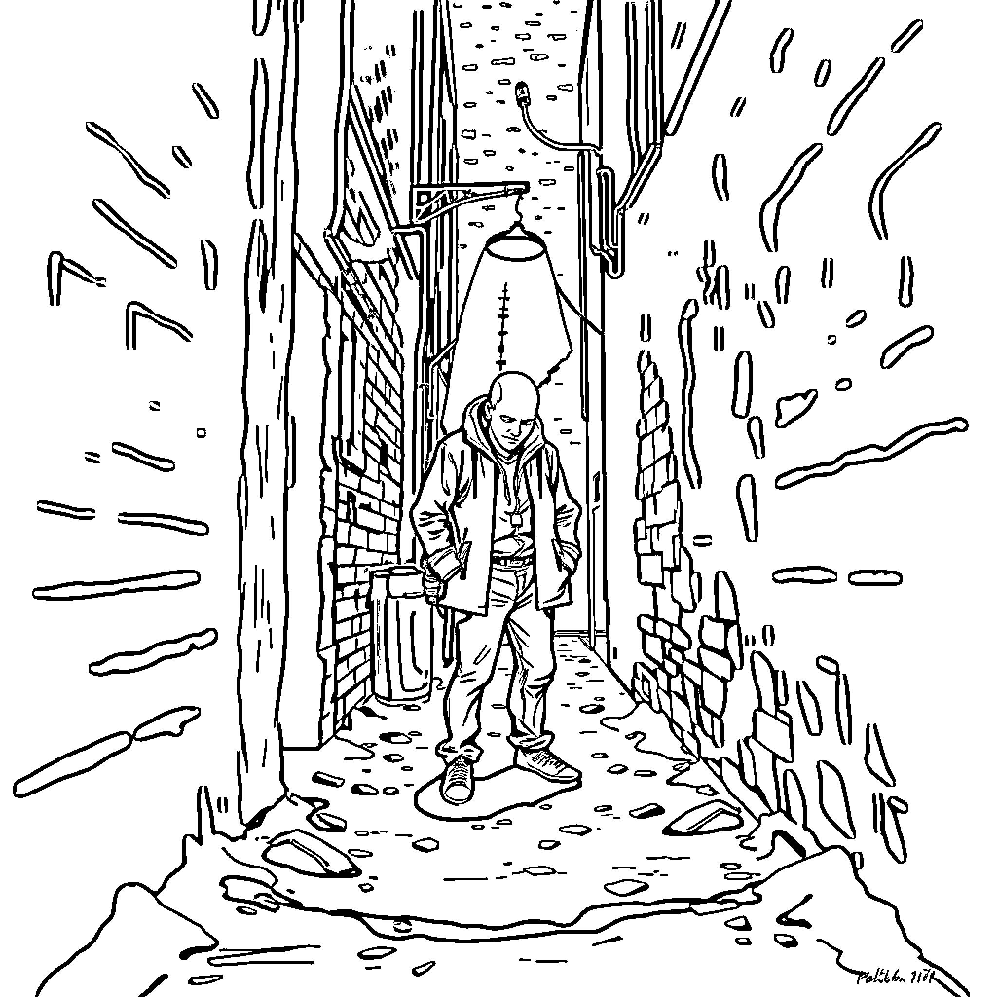 Antenna Man Wandering Through Abandoned Alley Coloring Page (free black-and-white line drawing printable PDF for all, from beginners to advanced learners, including children, teens, adults, and seniors)
