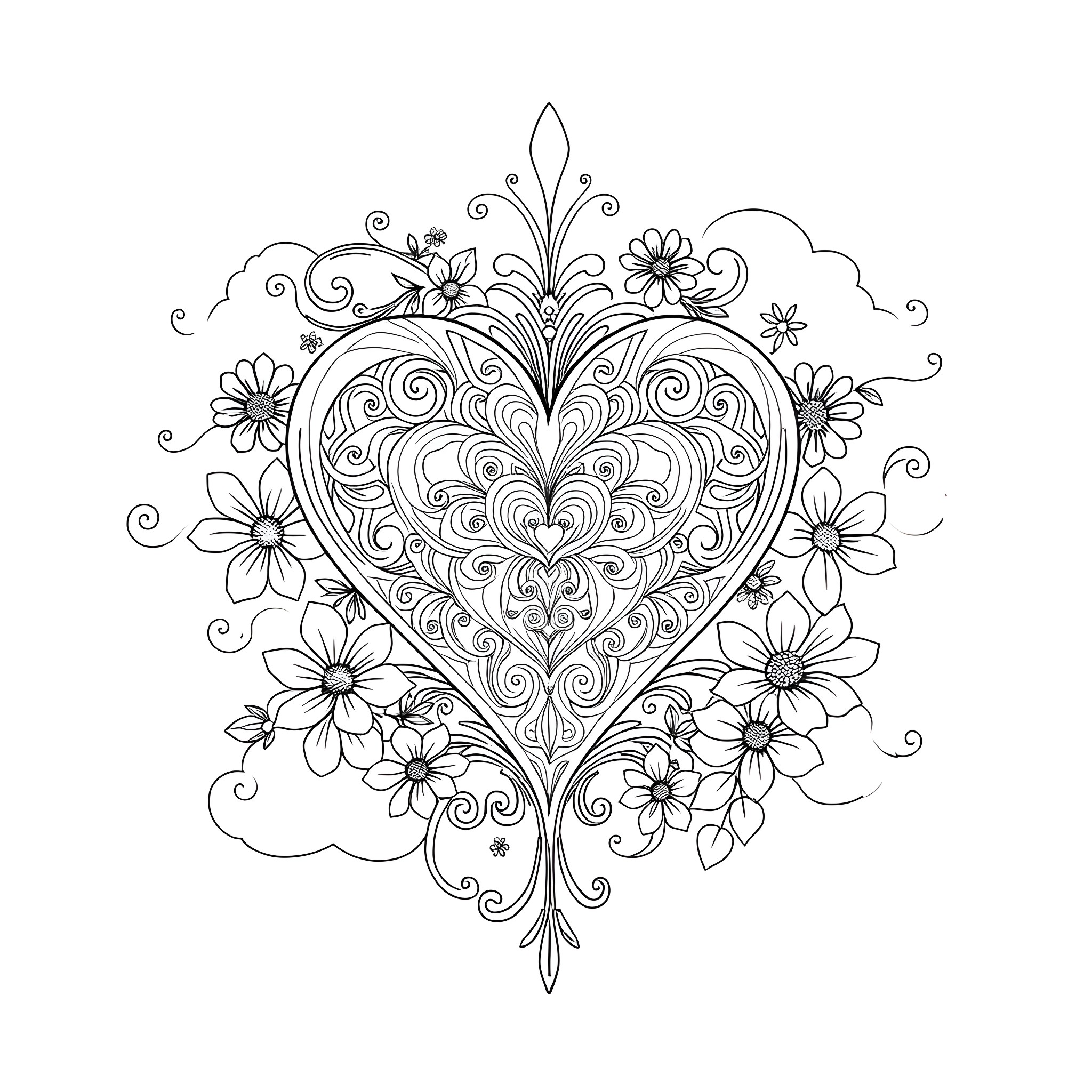 Heart Adorned with Floral Embellishments Coloring Page (free black-and-white line drawing printable PDF for all, from beginners to advanced learners, including children, teens, adults, and seniors)